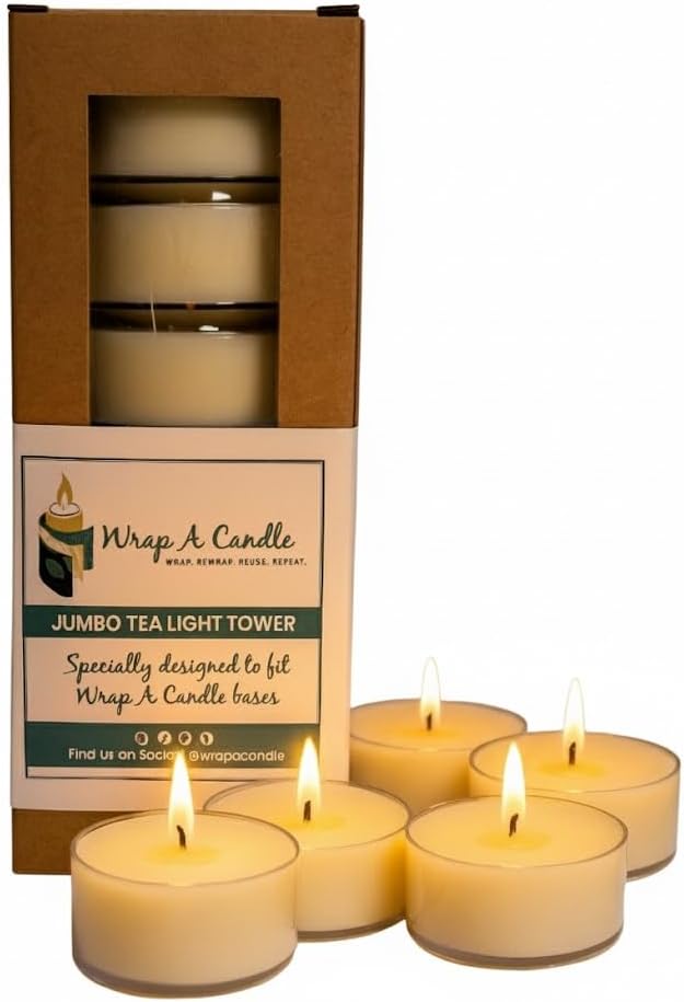 Jumbo Tealight Tower, Refill Storage Tube with 6 Premium Tealights, Fits Tall Wrap A Candle Base, 7 Inch Organizer for Scent Rotation, Vanilla Citrus Fresh Spice Holiday Unscented Choice, Gift Décor