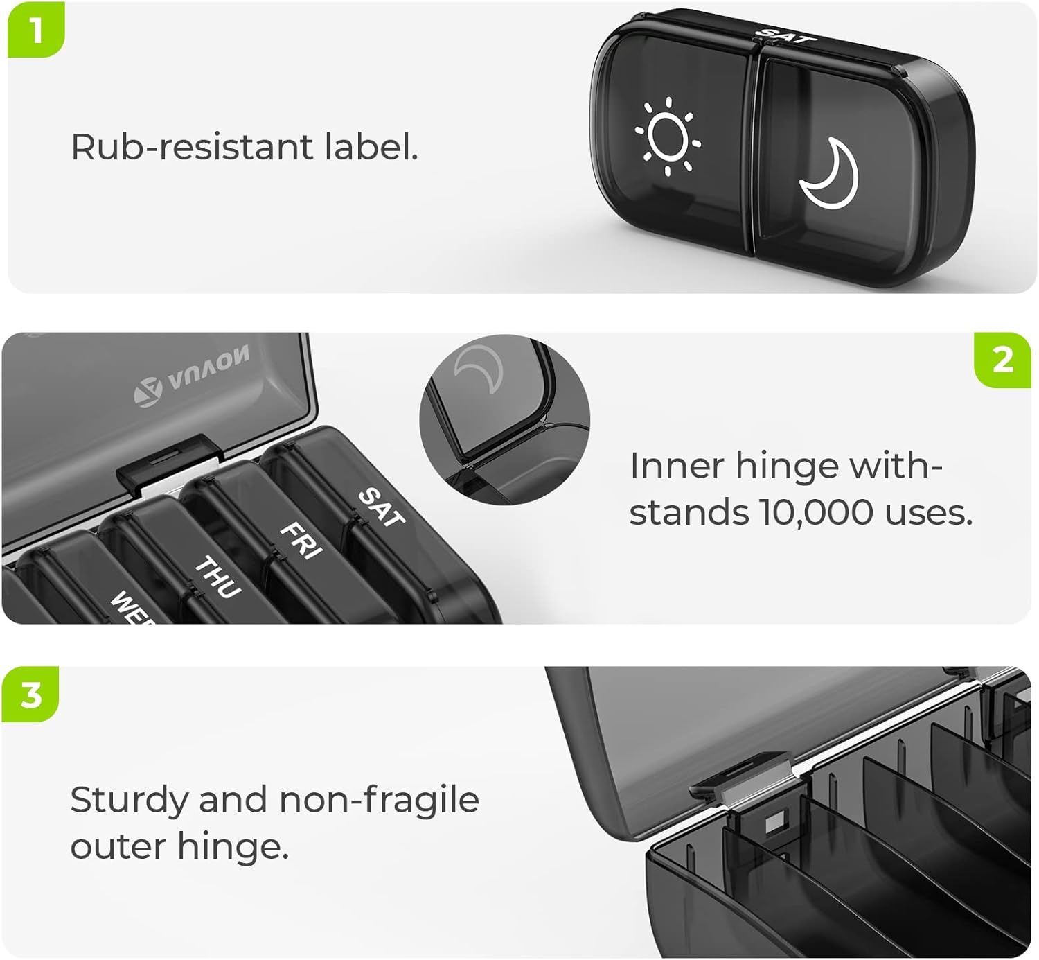AUVON XL Weekly Pill Organizer 2 Times a Day, Pill Box 7 Day with One-Side Large Openings for Easy to Use, Black Privacy Protection AM PM Pill Case for Medication, Vitamins, Fish Oils, Supplements - Image 3