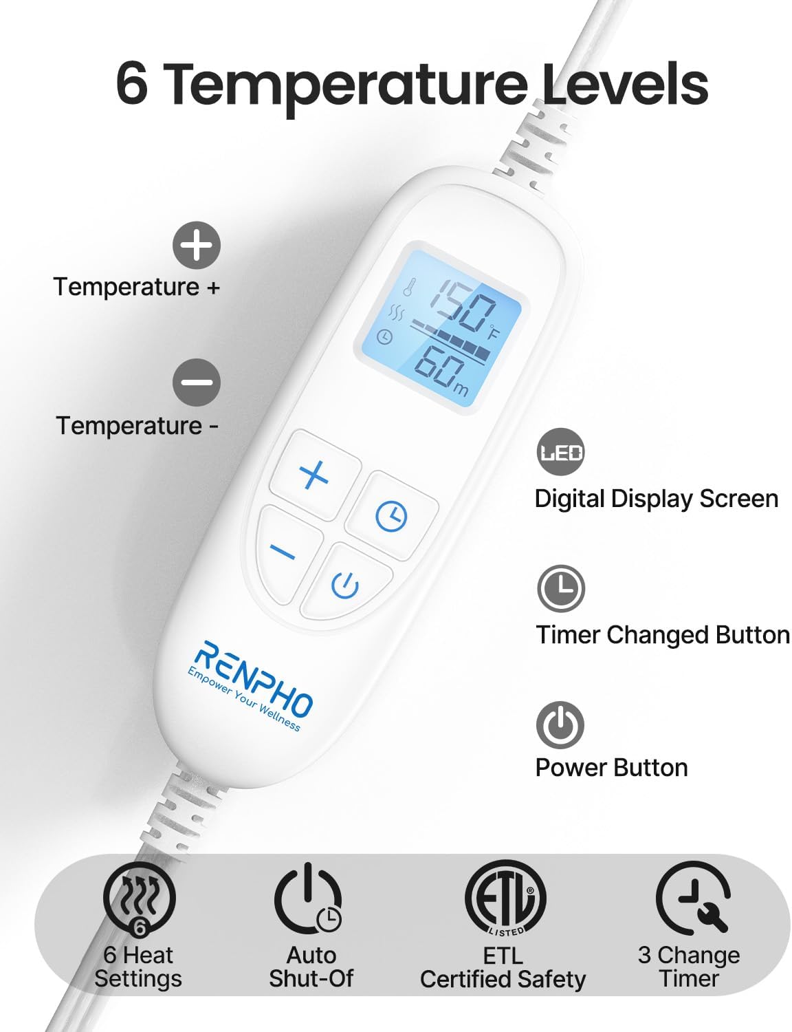 RENPHO Mothers Day Gifts, Electric Heating Pad - 6 Heat Levels for Neck, Shoulder, and Back, Weighted Pad for Snug Fit - Machine Washable, ETL Safety Certified for Cold Nights and Winter, FSA Eligible - Image 4