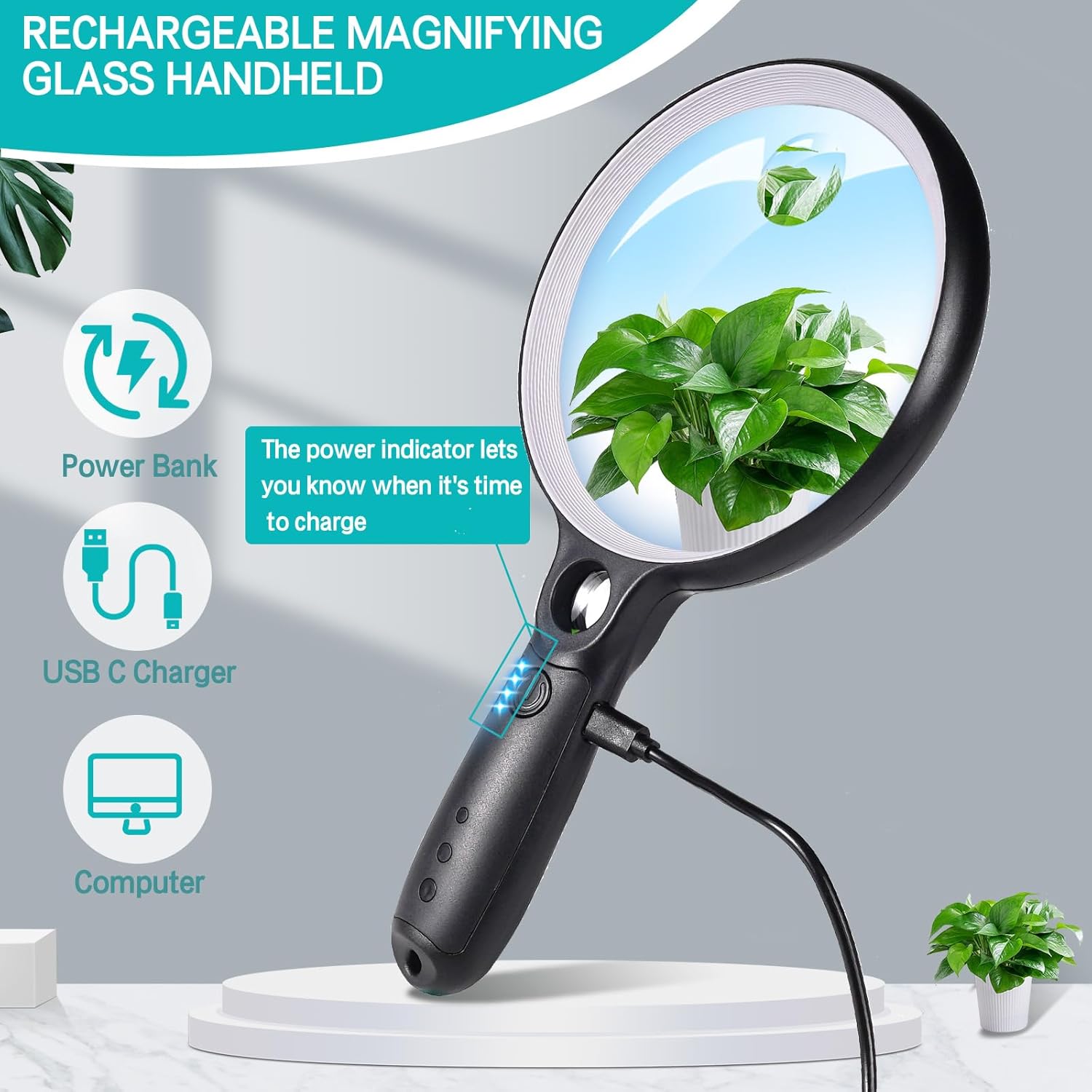 Large Magnifying Glass with 37 LED Light, 10X 20X 45X Handheld Illuminated Lighted Magnifier with 3 Light Modes Rechargeable Magnifying Glass for Seniors Reading, Inspection (White & Black) - Image 4