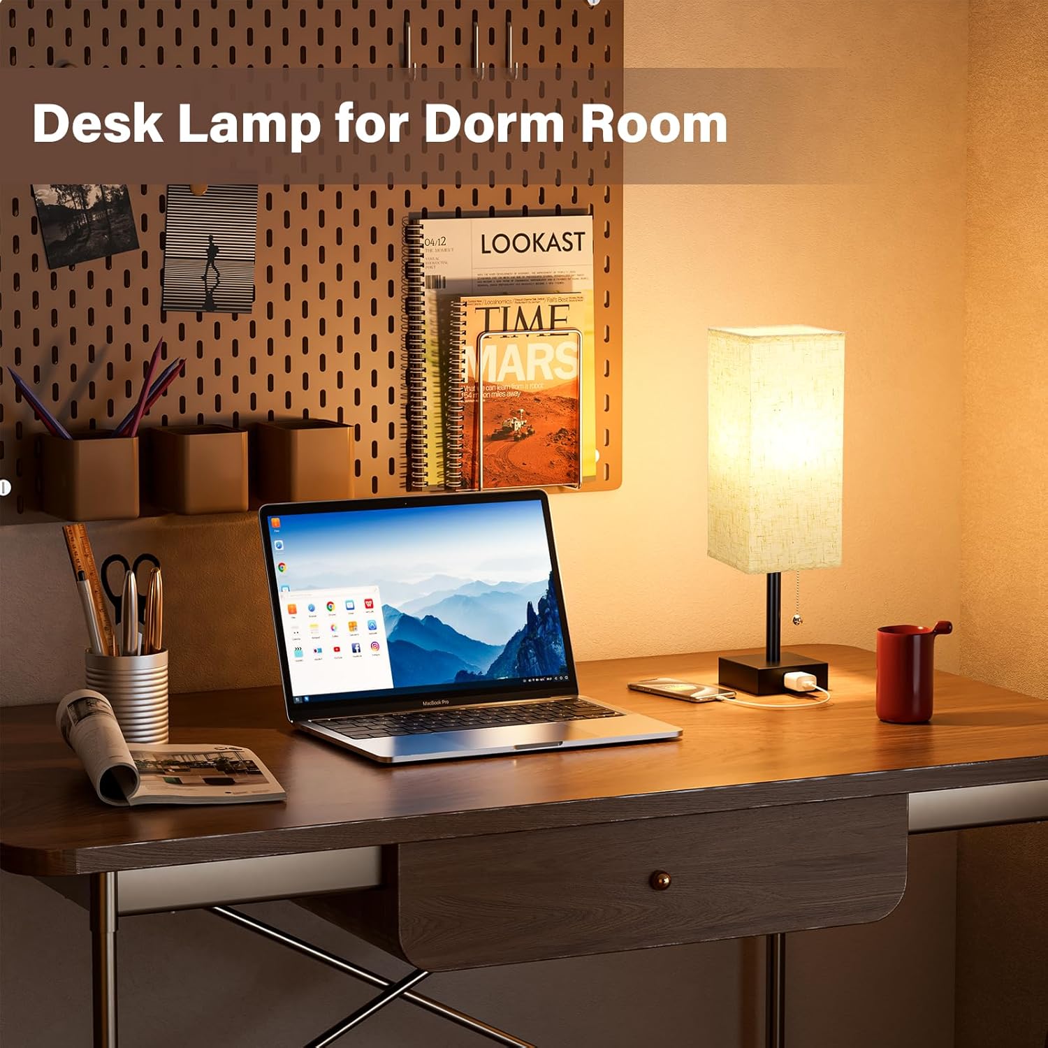 Bedside Table Lamps for Bedroom Set of 2 - Small Rectangular Nightstand Lamp with AC Outlet Charging Port, 3 Color Temperatures Desk Light with Bulb, Tabletop Reading Lamp for Living Room/Dorm/Office - Image 3