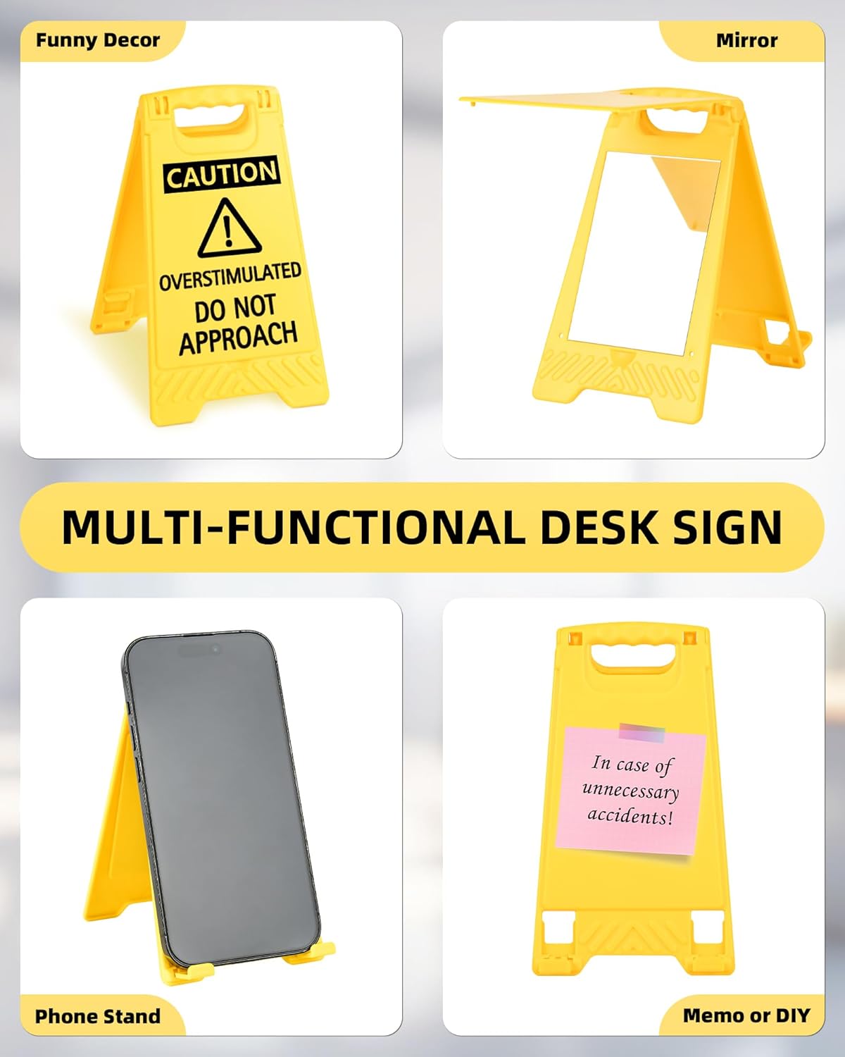 Caution Overstimulated Do Not Approach Office Decor, Funny Desk Sign for Women Coworkers, Easter Day Gag Gifts for Tax Season, Sarcastic Desk Accessories, Phone Holder with Mirror - Image 3