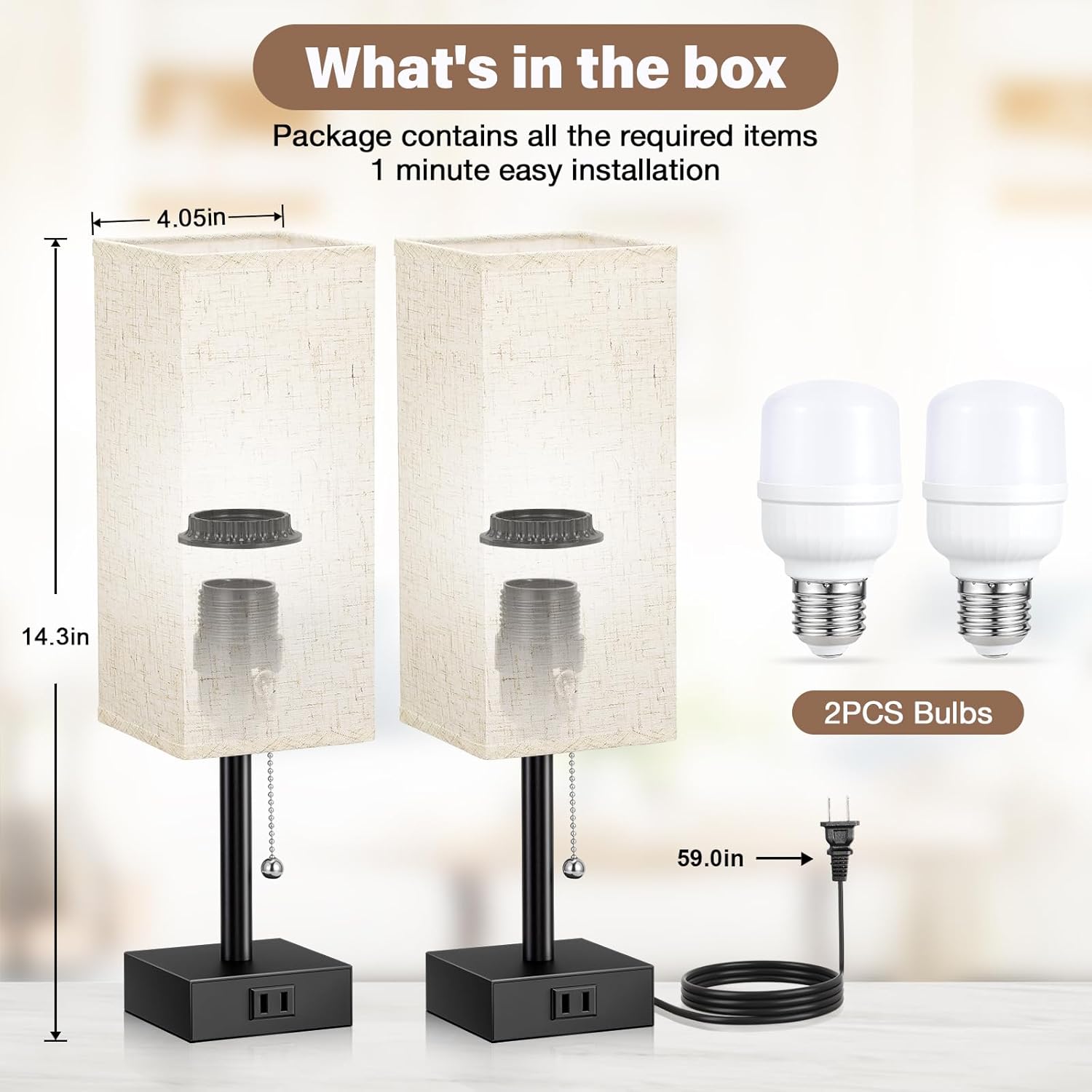 Bedside Table Lamps for Bedroom Set of 2 - Small Rectangular Nightstand Lamp with AC Outlet Charging Port, 3 Color Temperatures Desk Light with Bulb, Tabletop Reading Lamp for Living Room/Dorm/Office - Image 8