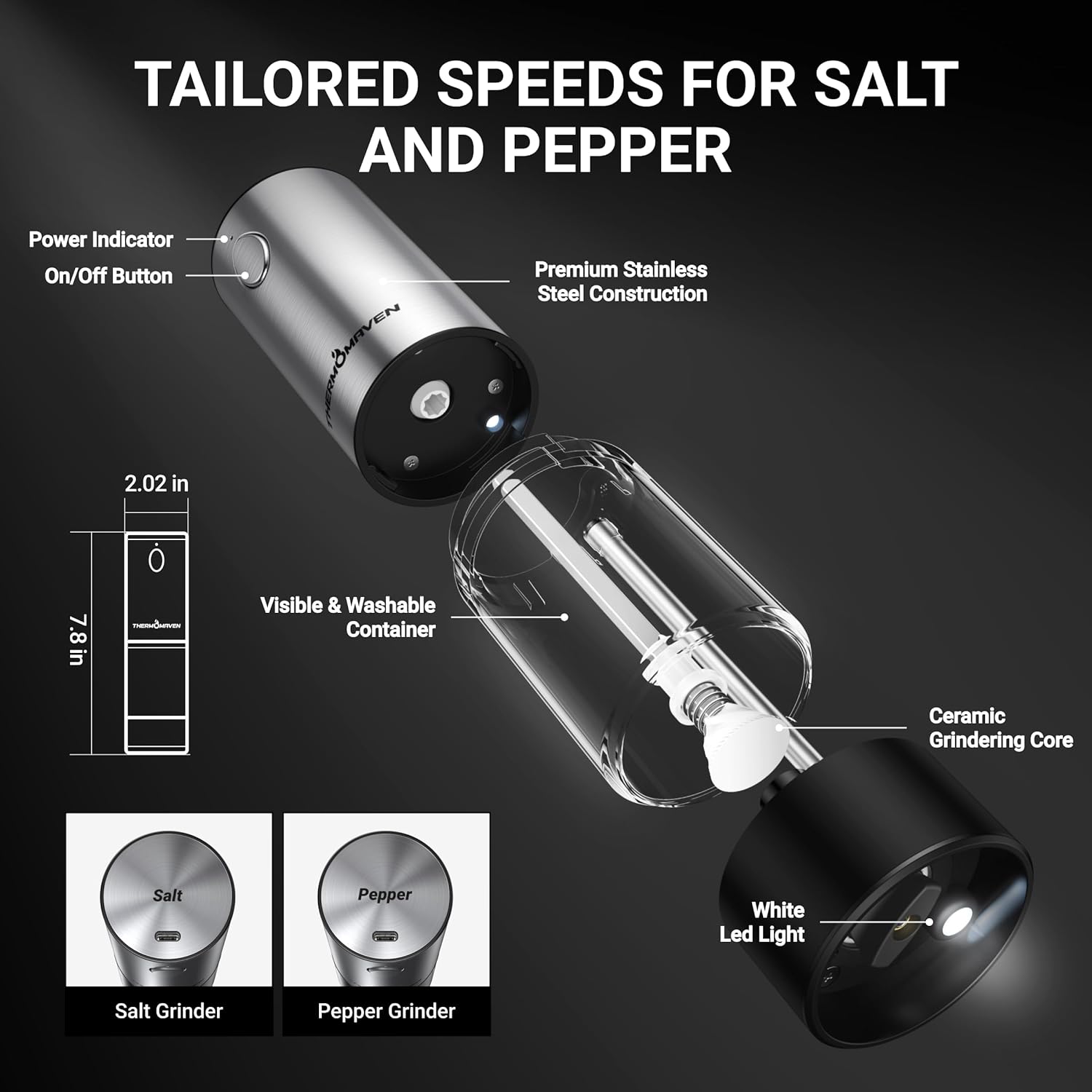 ThermoMaven Electric Salt and Pepper Grinder Set, 110ml Larger Rechargeable Automatic Salt and Pepper Mill Grinder with 6 Adjustable Coarseness, Electric Salt and Pepper Shakers, LED, 2 Packs, Black - Image 7