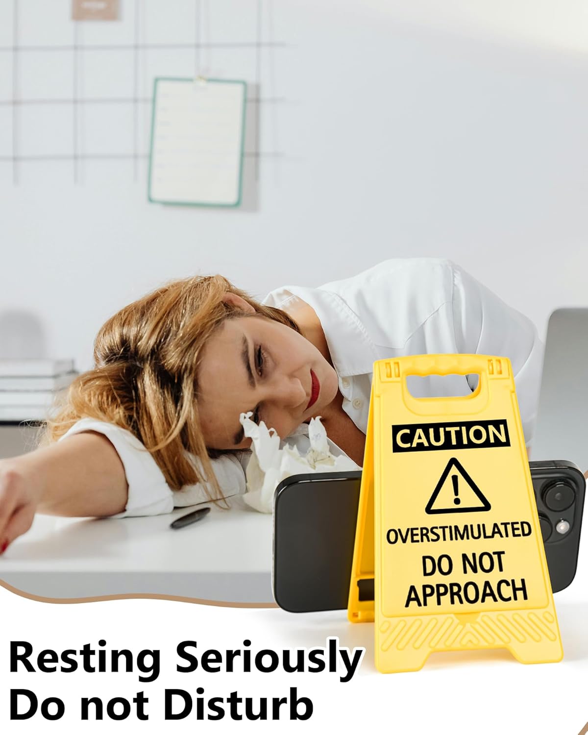 Caution Overstimulated Do Not Approach Office Decor, Funny Desk Sign for Women Coworkers, Easter Day Gag Gifts for Tax Season, Sarcastic Desk Accessories, Phone Holder with Mirror - Image 4