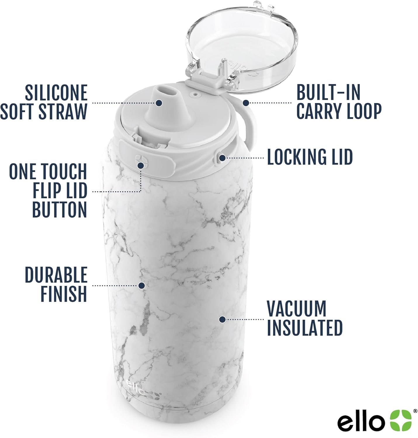 Ello Cooper 40oz Stainless Steel Water Bottle with Straw and Carry Handle, Double Walled and Vacuum Insulated Metal, Leak Proof Locking Lid with Soft Silicone Spout, Reusable, BPA Free, White Marble - Image 2