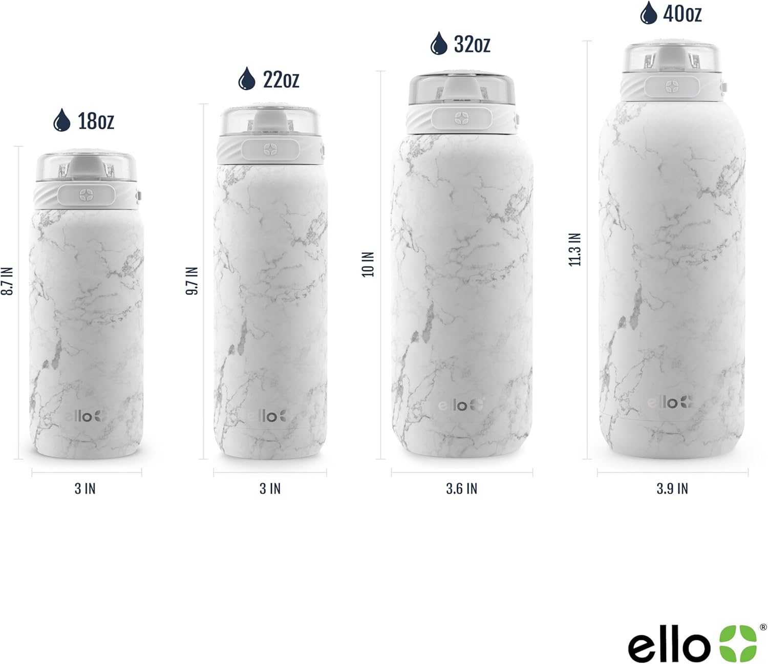Ello Cooper 40oz Stainless Steel Water Bottle with Straw and Carry Handle, Double Walled and Vacuum Insulated Metal, Leak Proof Locking Lid with Soft Silicone Spout, Reusable, BPA Free, White Marble - Image 9