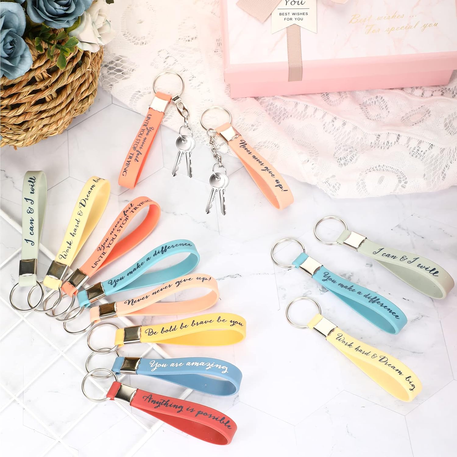 Fumete 24 Pcs Inspirational Keychain Gift Employee Appreciation Gift for Women Motivational Key Rings Thank You Keychain(Bright Color) - Image 6
