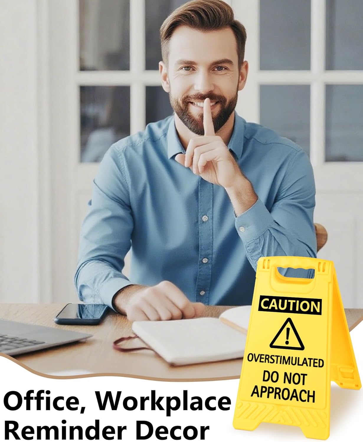 Caution Overstimulated Do Not Approach Office Decor, Funny Desk Sign for Women Coworkers, Easter Day Gag Gifts for Tax Season, Sarcastic Desk Accessories, Phone Holder with Mirror - Image 6