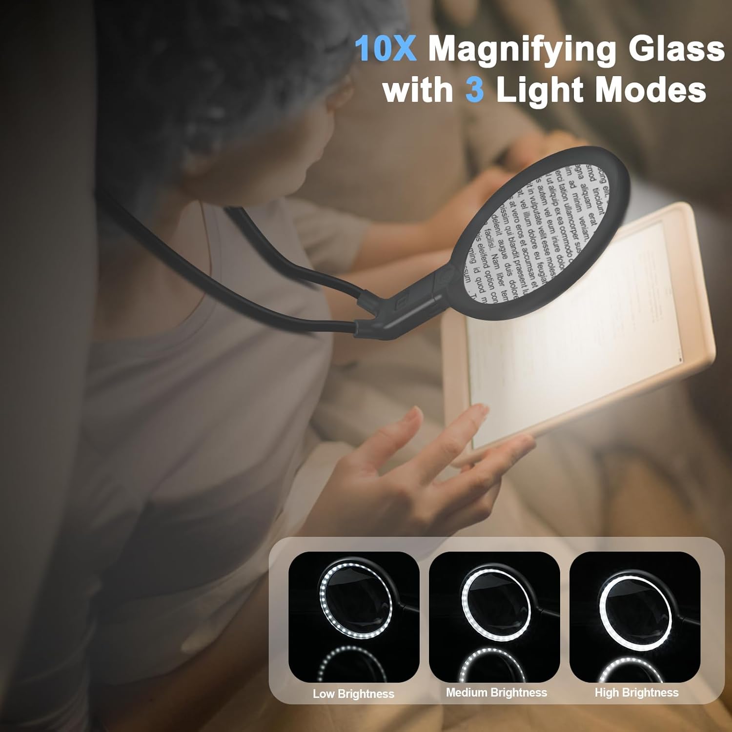Neck Magnifier Hands Free with Light, 10X 5.2 Large Magnifying Glass with 36 LED Light, Flexible Gooseneck for Close Work Reading Sewing Senior (Black) - Image 2