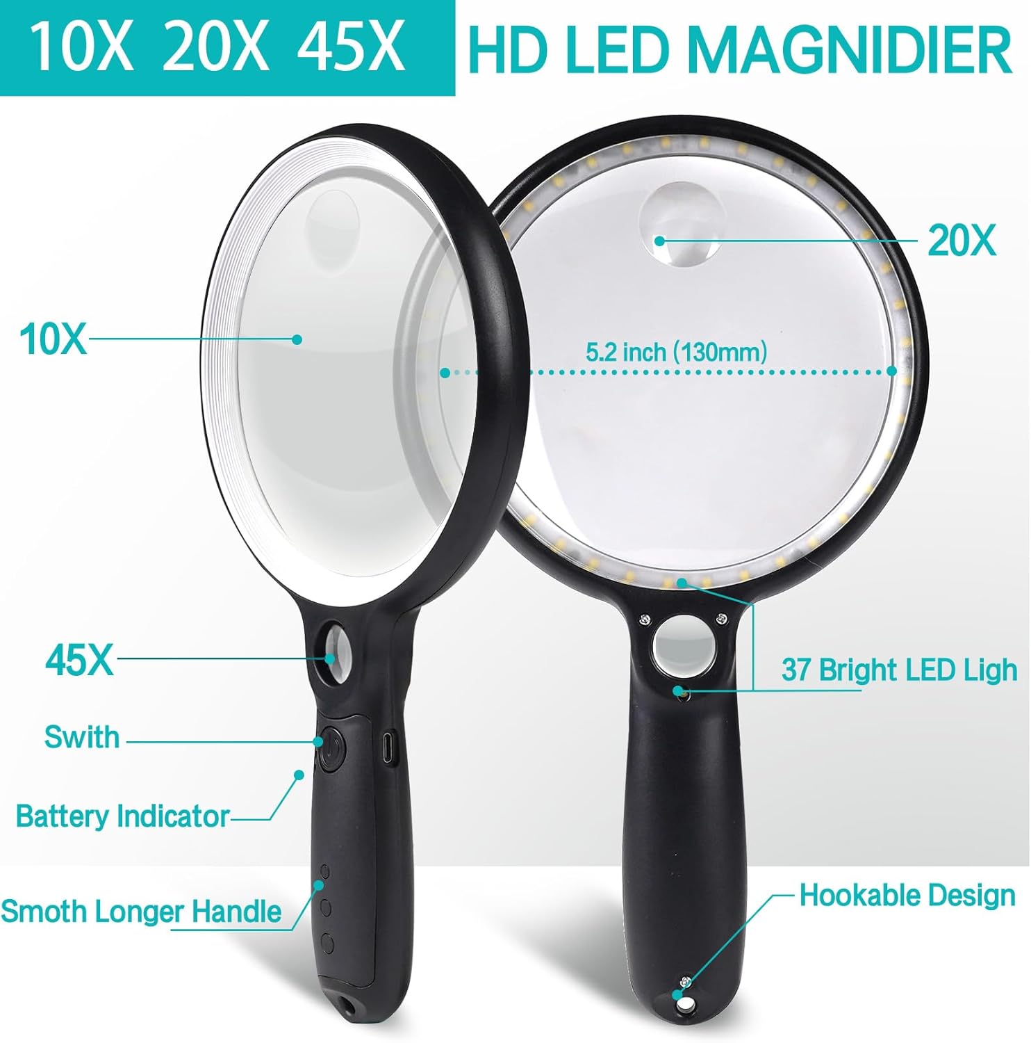 Large Magnifying Glass with 37 LED Light, 10X 20X 45X Handheld Illuminated Lighted Magnifier with 3 Light Modes Rechargeable Magnifying Glass for Seniors Reading, Inspection (White & Black) - Image 5