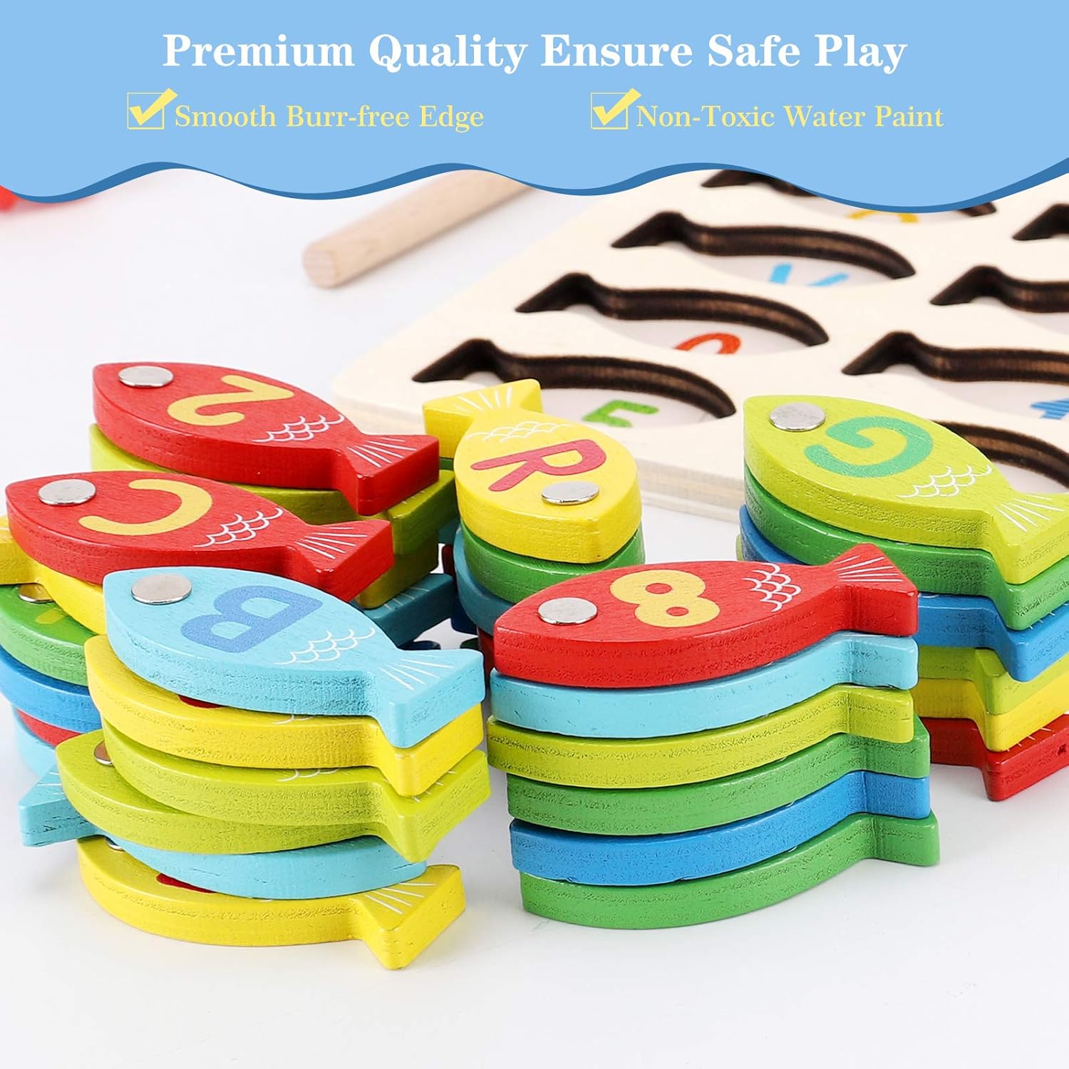Magnetic Wooden Fishing Game Toy for Toddlers, Alphabet Fish Catching Counting Games Puzzle with Numbers and Letters, Preschool Learning ABC Math Educational Toys 3 4 5 Years Old Girl Boy Kids - Image 5