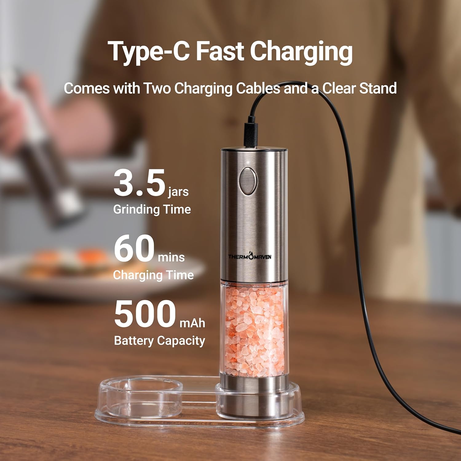 ThermoMaven Upgraded Larger Capacity Electric Salt and Pepper Grinder Set, 110ml Rechargeable Salt and Pepper Shaker with LED Light, Stainless Steel Automatic Pepper Mill with 6 Adjustable Coarseness - Image 4