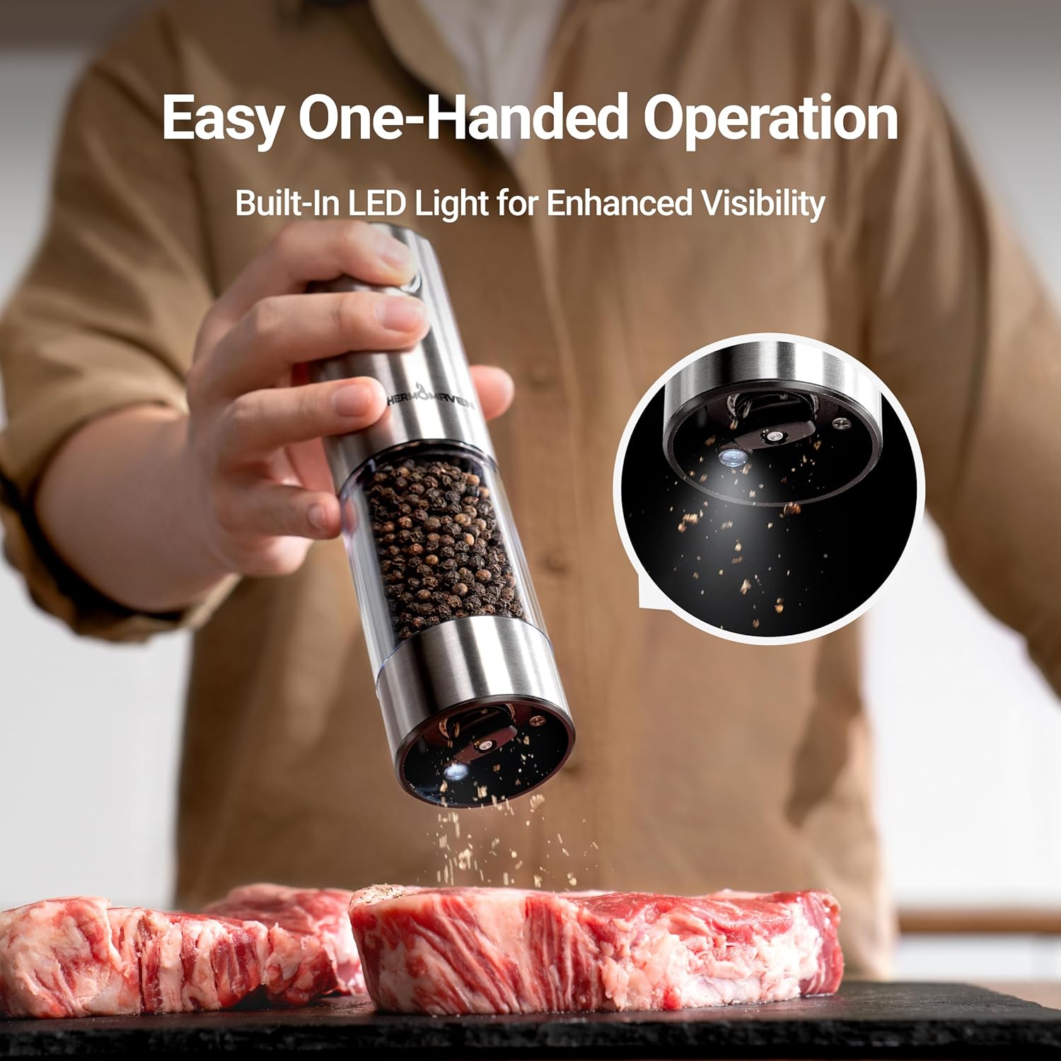 ThermoMaven Upgraded Larger Capacity Electric Salt and Pepper Grinder Set, 110ml Rechargeable Salt and Pepper Shaker with LED Light, Stainless Steel Automatic Pepper Mill with 6 Adjustable Coarseness - Image 2