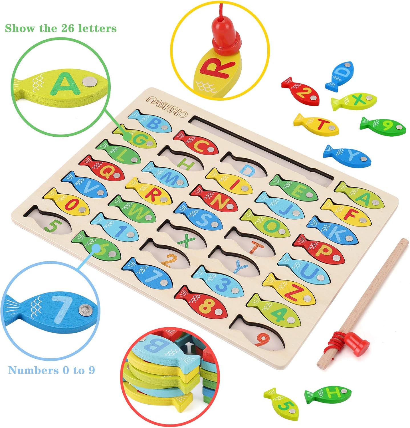 Magnetic Wooden Fishing Game Toy for Toddlers, Alphabet Fish Catching Counting Games Puzzle with Numbers and Letters, Preschool Learning ABC Math Educational Toys 3 4 5 Years Old Girl Boy Kids - Image 2