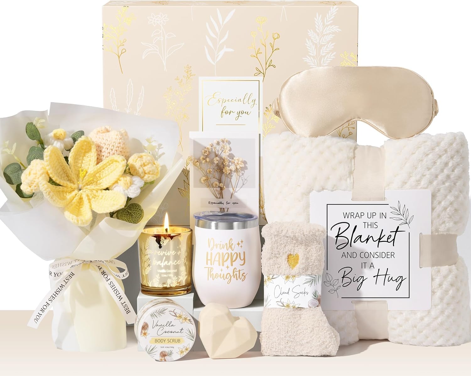Mothers Day Birthday Gifts for Women Self Care Package Get Well Soon Gift Baskets, Thinking of You Sympathy Spa Gift Set w/ Crochet Flower Bouquet, Unique Gifts for Women Mom Sister Grandma Friends