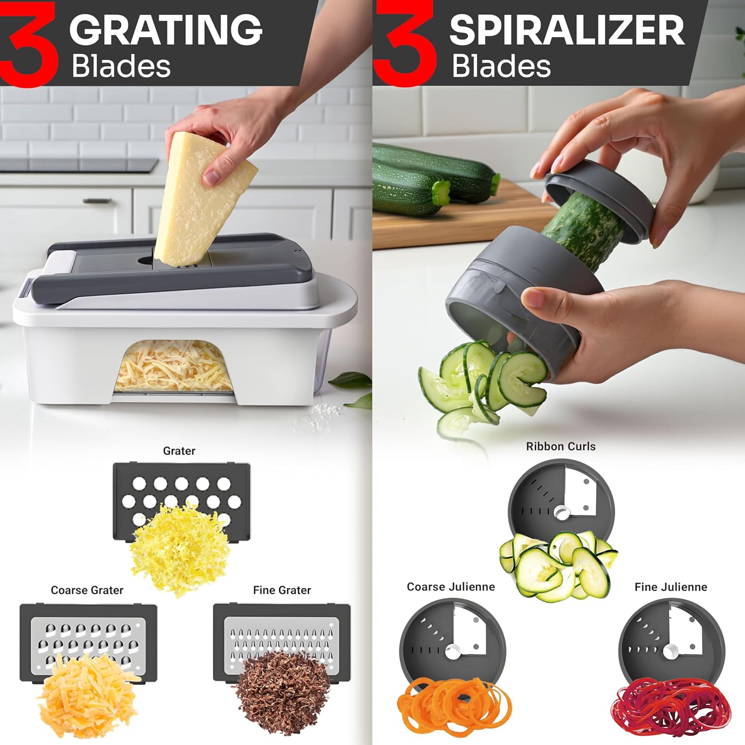 Mueller Pro-Series All-in-One, 12 Blade Mandoline Slicer for Kitchen, Food Chopper, Vegetable Slicer and Spiralizer, Cutter, Dicer, Grater, Kitchen Gadgets Sets with Container, White Sand/Gray - Image 5