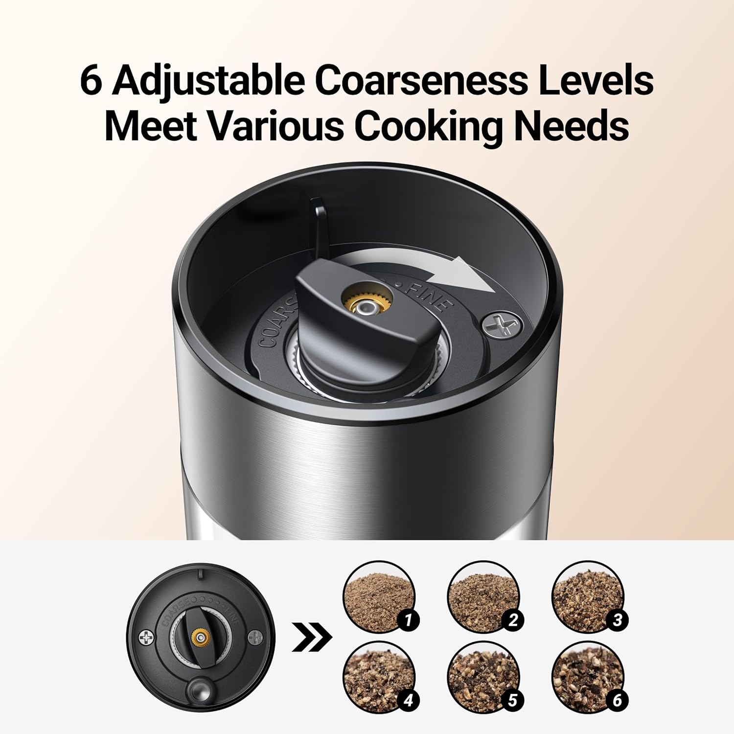 ThermoMaven Upgraded Larger Capacity Electric Salt and Pepper Grinder Set, 110ml Rechargeable Salt and Pepper Shaker with LED Light, Stainless Steel Automatic Pepper Mill with 6 Adjustable Coarseness - Image 5