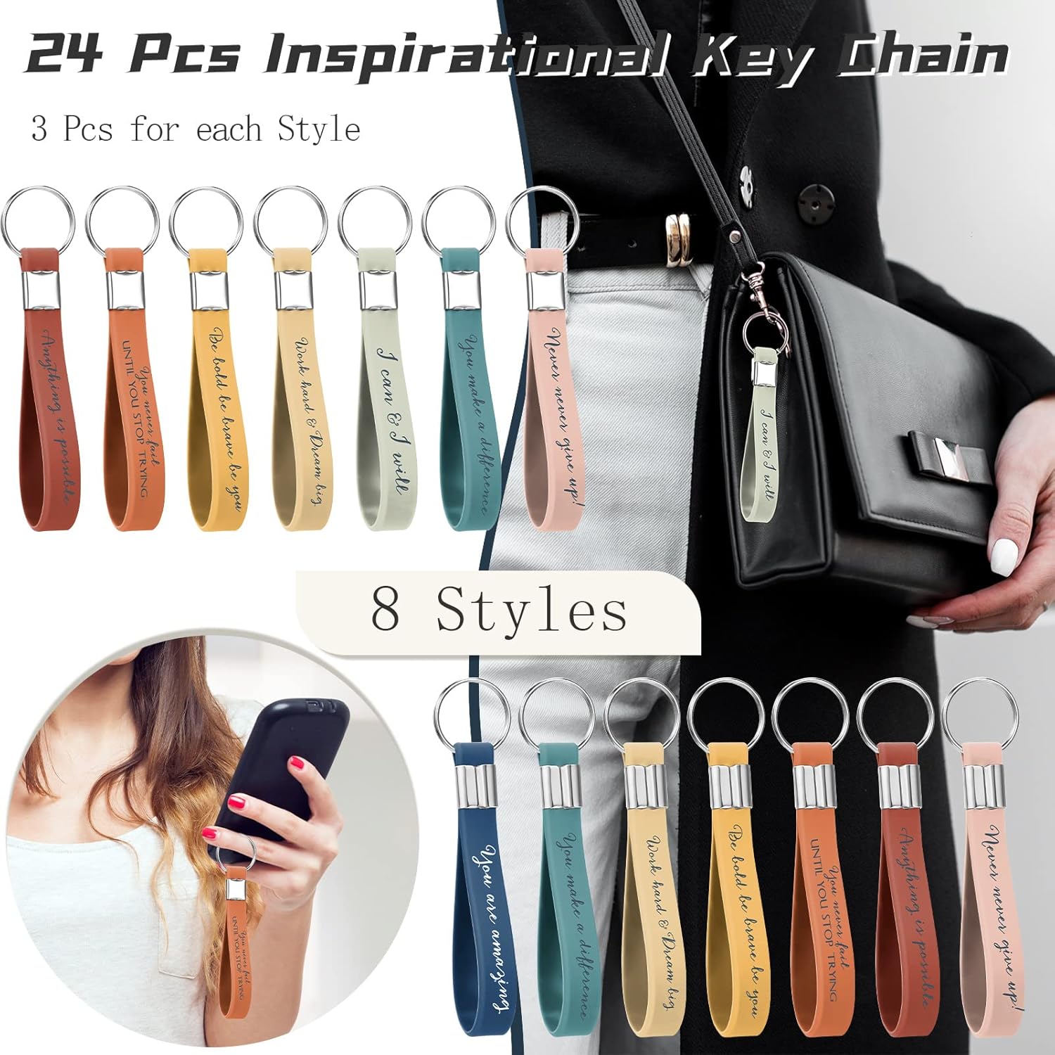 Fumete 24 Pcs Inspirational Keychain Gift Employee Appreciation Gift for Women Motivational Key Rings Thank You Keychain(Bright Color) - Image 2