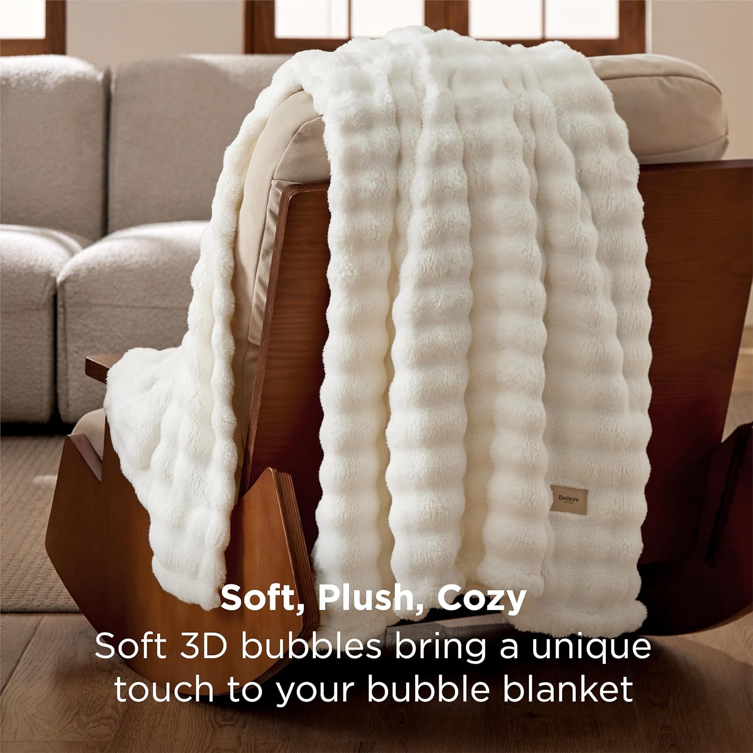 Bedsure 3D Fleece Bubble Blanket for Couch - GentleSoft White Spring Throw Mother's Day Blanket for Sofa Bed Room Decor - Luxury Soft Cozy Blanket Gifts for Women, Lightweight, Off White, 50"×60" - Image 3