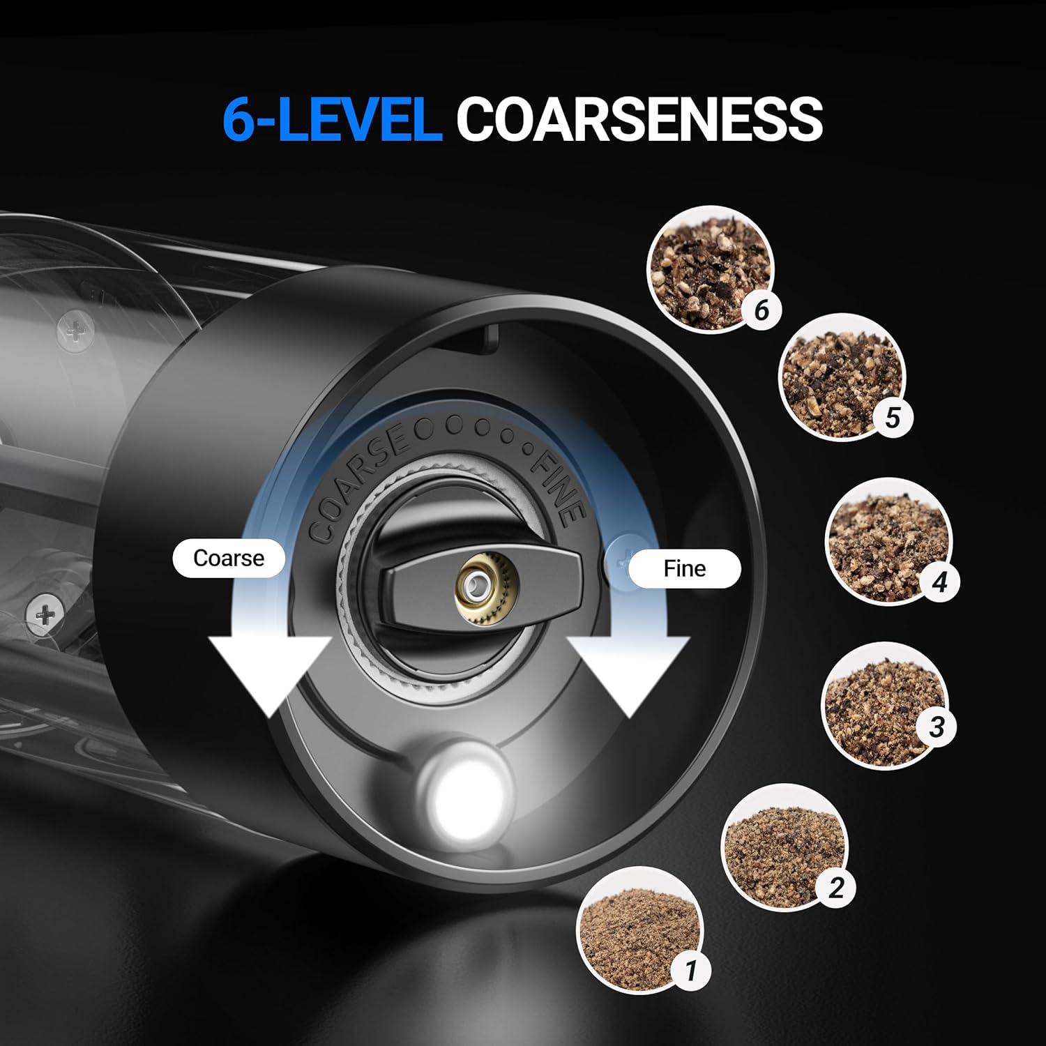 ThermoMaven Electric Salt and Pepper Grinder Set, 110ml Larger Rechargeable Automatic Salt and Pepper Mill Grinder with 6 Adjustable Coarseness, Electric Salt and Pepper Shakers, LED, 2 Packs, Black - Image 4