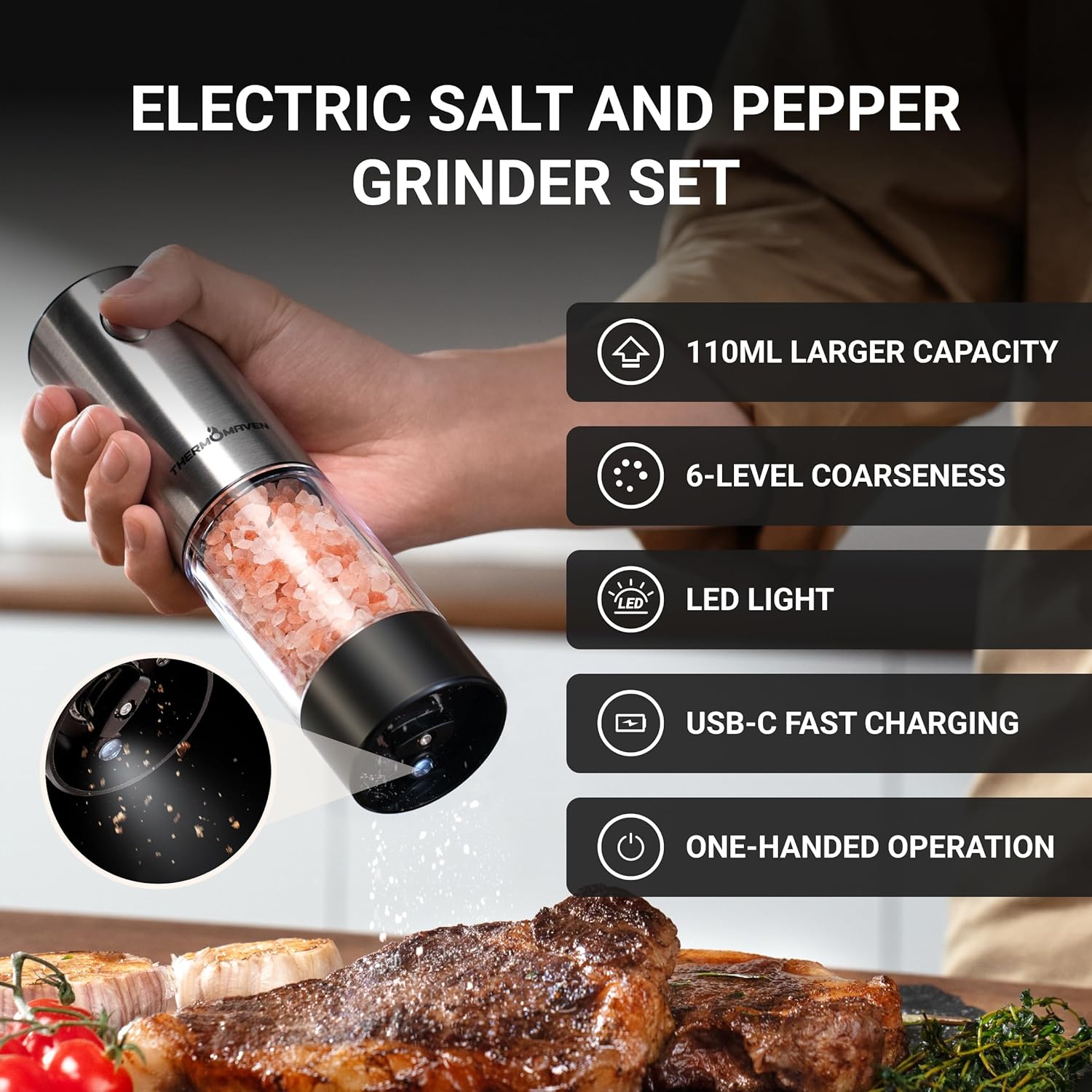 ThermoMaven Electric Salt and Pepper Grinder Set, 110ml Larger Rechargeable Automatic Salt and Pepper Mill Grinder with 6 Adjustable Coarseness, Electric Salt and Pepper Shakers, LED, 2 Packs, Black - Image 2