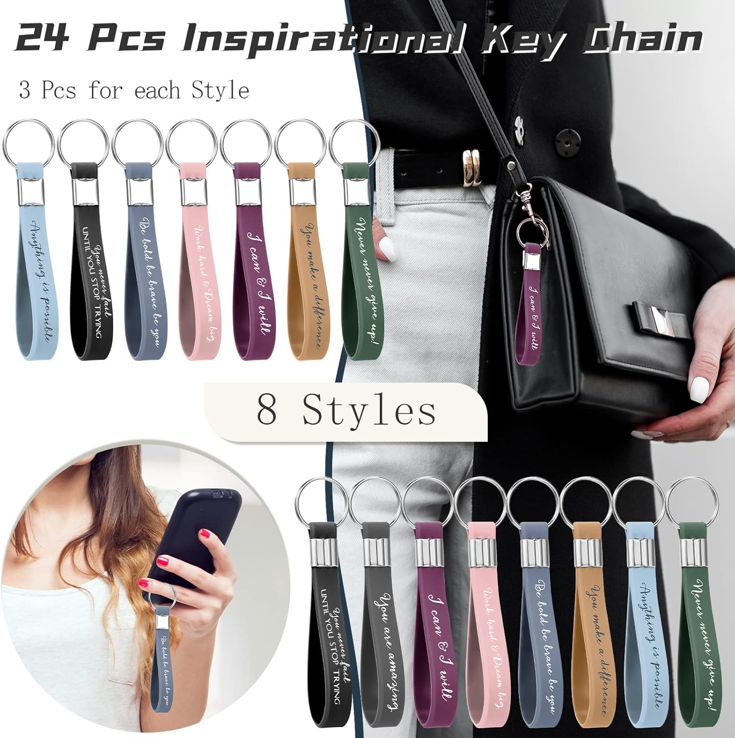 Fumete 24 Pcs Inspirational Keychain Gift Employee Appreciation Gift for Women Motivational Key Rings Thank You Keychain(Classic Colors) - Image 2