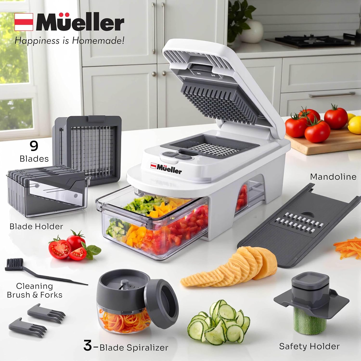 Mueller Pro-Series All-in-One, 12 Blade Mandoline Slicer for Kitchen, Food Chopper, Vegetable Slicer and Spiralizer, Cutter, Dicer, Grater, Kitchen Gadgets Sets with Container, White Sand/Gray - Image 6
