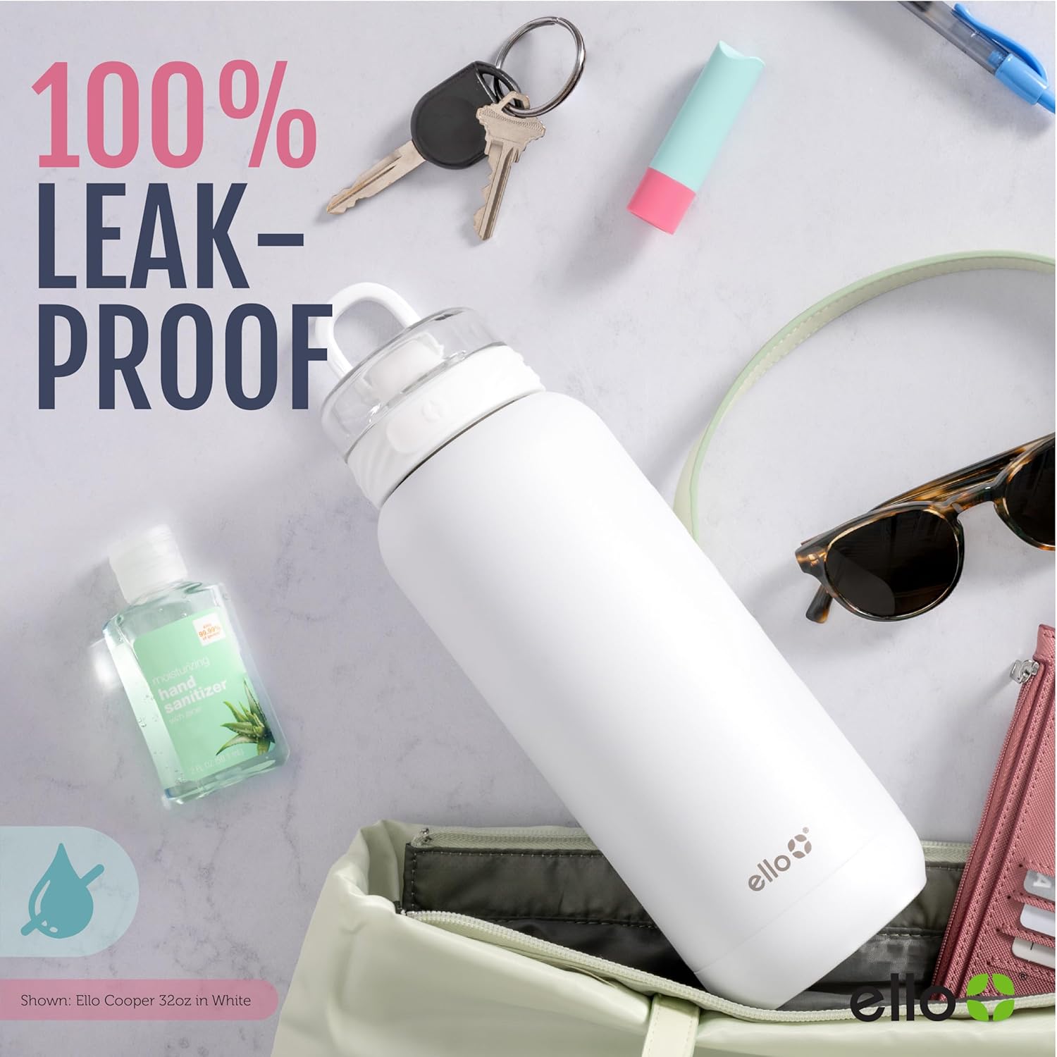 Ello Cooper 40oz Stainless Steel Water Bottle with Straw and Carry Handle, Double Walled and Vacuum Insulated Metal, Leak Proof Locking Lid with Soft Silicone Spout, Reusable, BPA Free, White Marble - Image 4