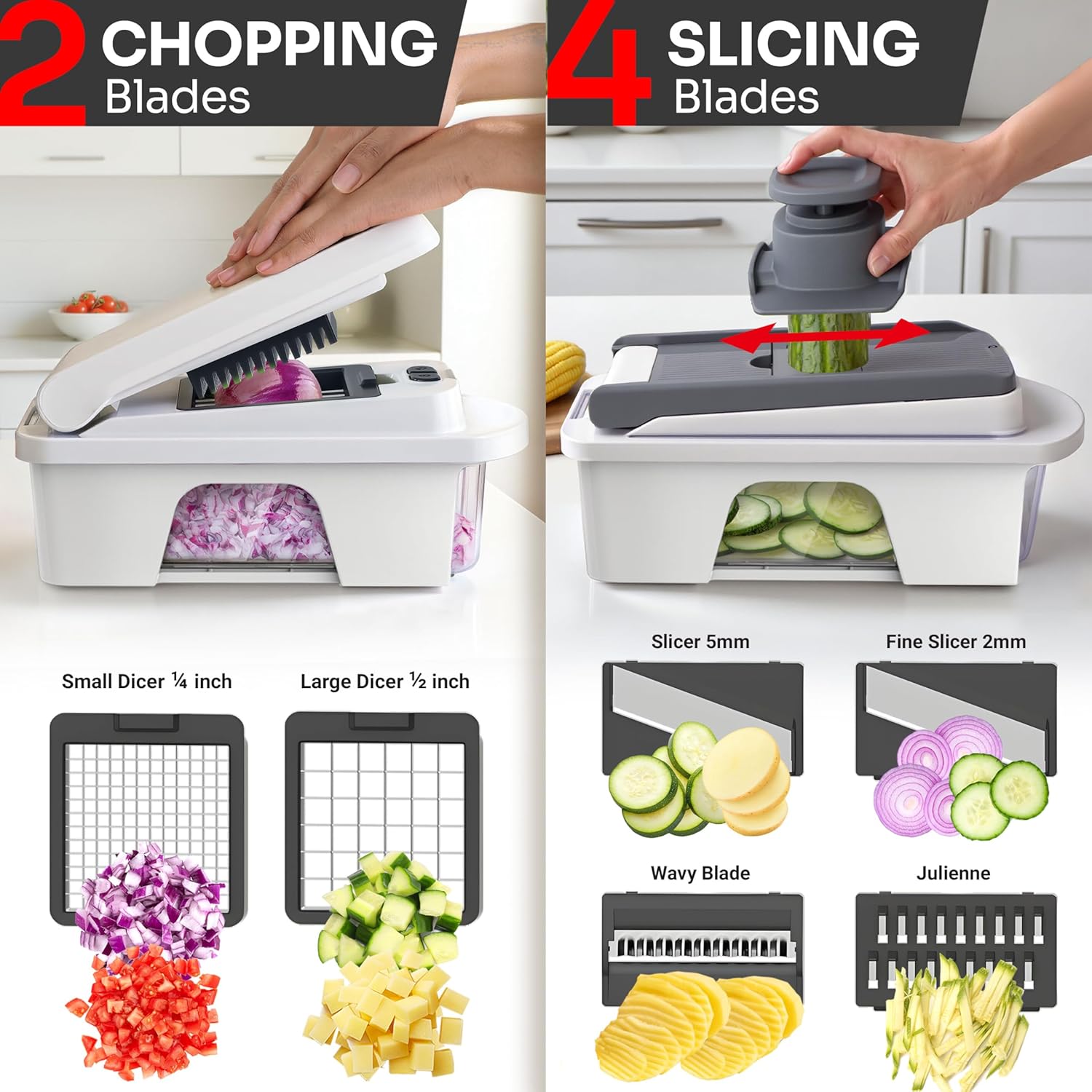 Mueller Pro-Series All-in-One, 12 Blade Mandoline Slicer for Kitchen, Food Chopper, Vegetable Slicer and Spiralizer, Cutter, Dicer, Grater, Kitchen Gadgets Sets with Container, White Sand/Gray - Image 4