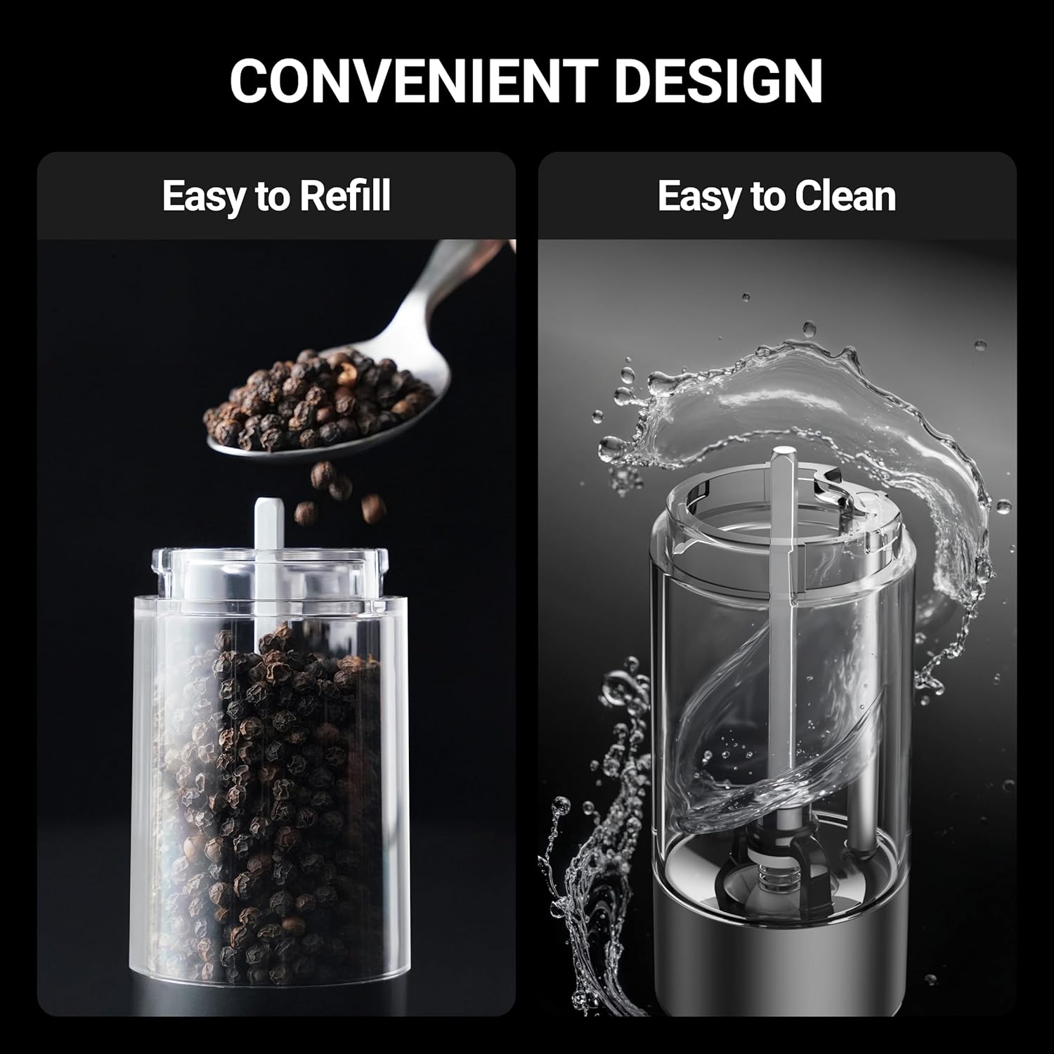 ThermoMaven Electric Salt and Pepper Grinder Set, 110ml Larger Rechargeable Automatic Salt and Pepper Mill Grinder with 6 Adjustable Coarseness, Electric Salt and Pepper Shakers, LED, 2 Packs, Black - Image 6