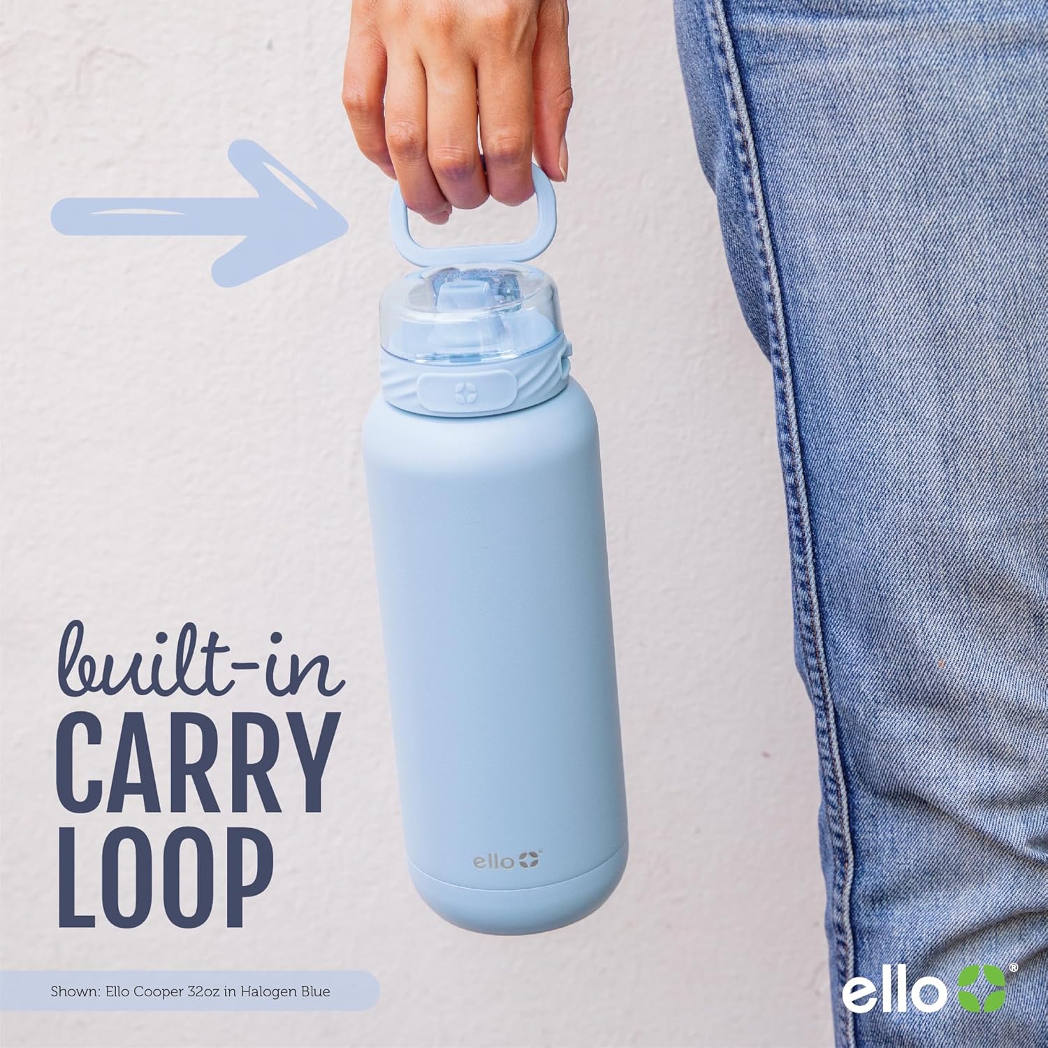 Ello Cooper 40oz Stainless Steel Water Bottle with Straw and Carry Handle, Double Walled and Vacuum Insulated Metal, Leak Proof Locking Lid with Soft Silicone Spout, Reusable, BPA Free, White Marble - Image 3