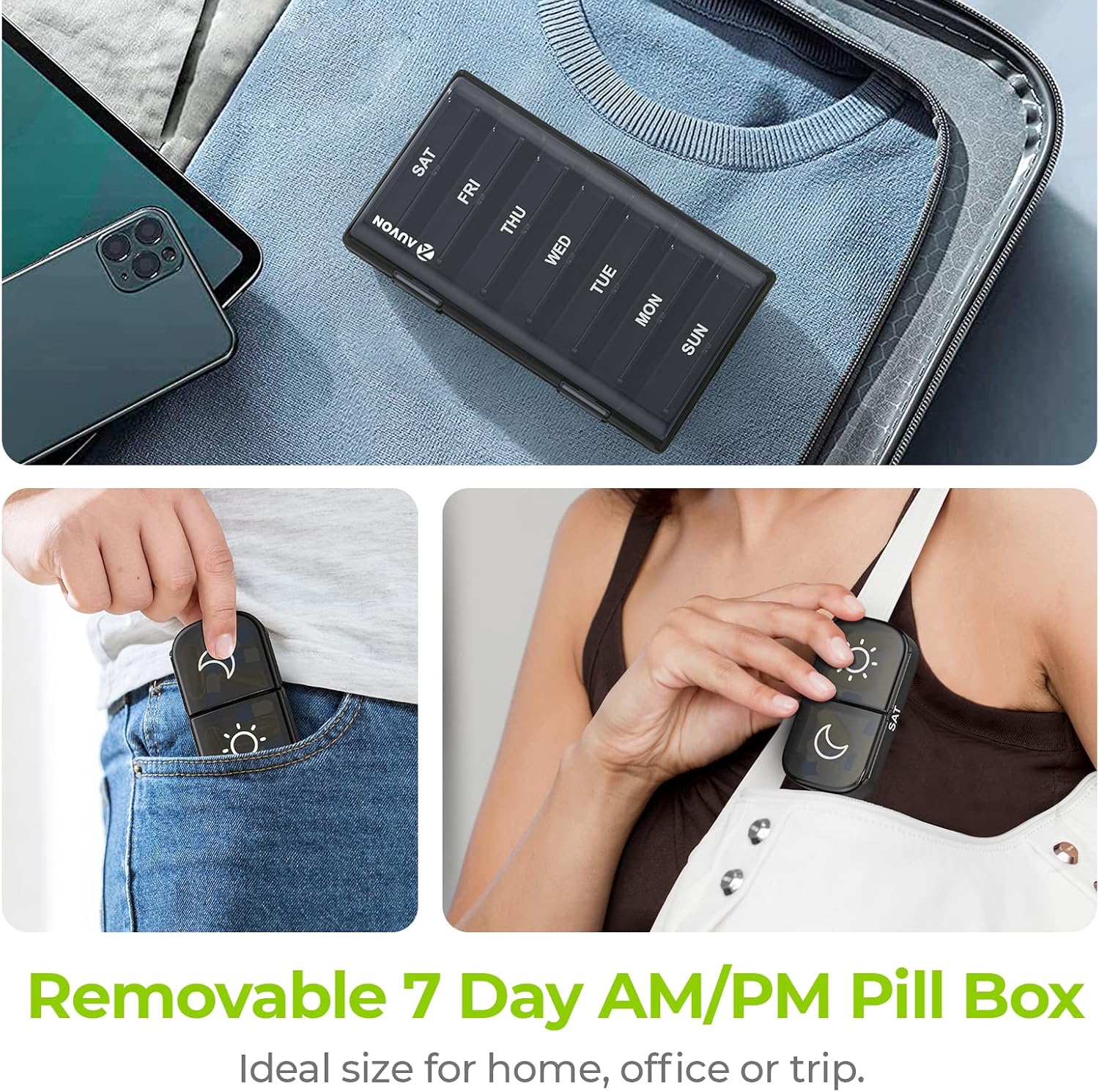 AUVON XL Weekly Pill Organizer 2 Times a Day, Pill Box 7 Day with One-Side Large Openings for Easy to Use, Black Privacy Protection AM PM Pill Case for Medication, Vitamins, Fish Oils, Supplements - Image 6