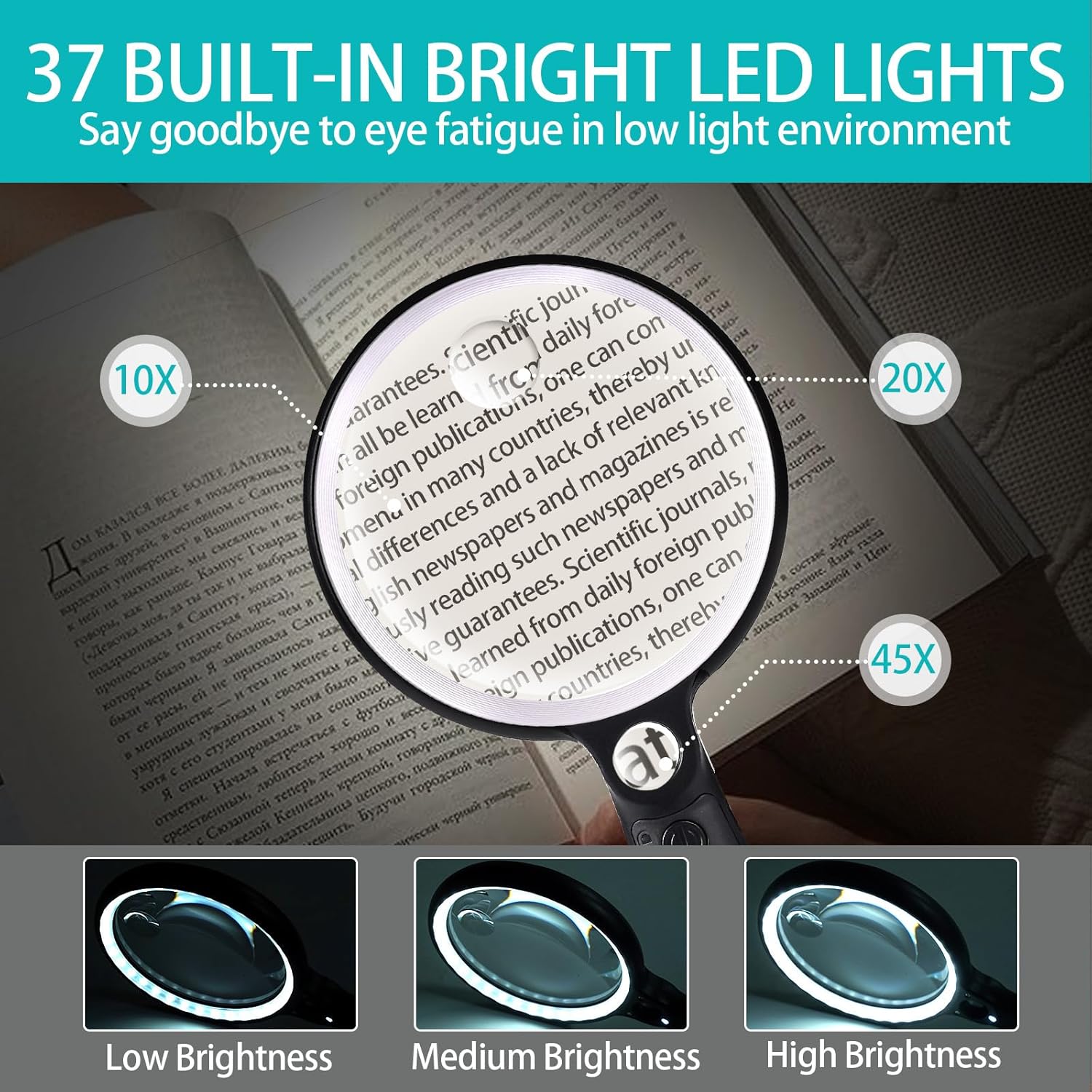 Large Magnifying Glass with 37 LED Light, 10X 20X 45X Handheld Illuminated Lighted Magnifier with 3 Light Modes Rechargeable Magnifying Glass for Seniors Reading, Inspection (White & Black) - Image 3