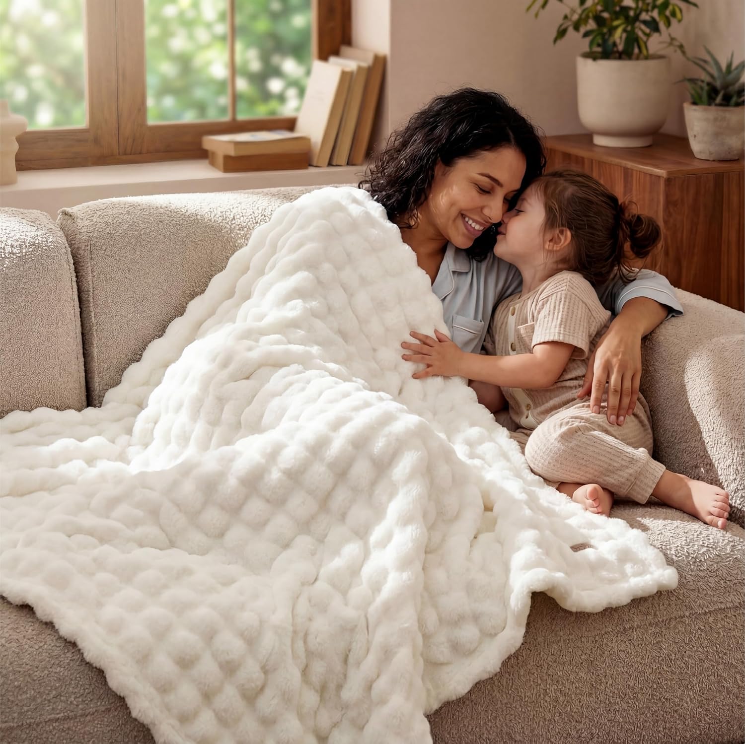 Bedsure 3D Fleece Bubble Blanket for Couch - GentleSoft White Spring Throw Mother's Day Blanket for Sofa Bed Room Decor - Luxury Soft Cozy Blanket Gifts for Women, Lightweight, Off White, 50"×60" - Image 9