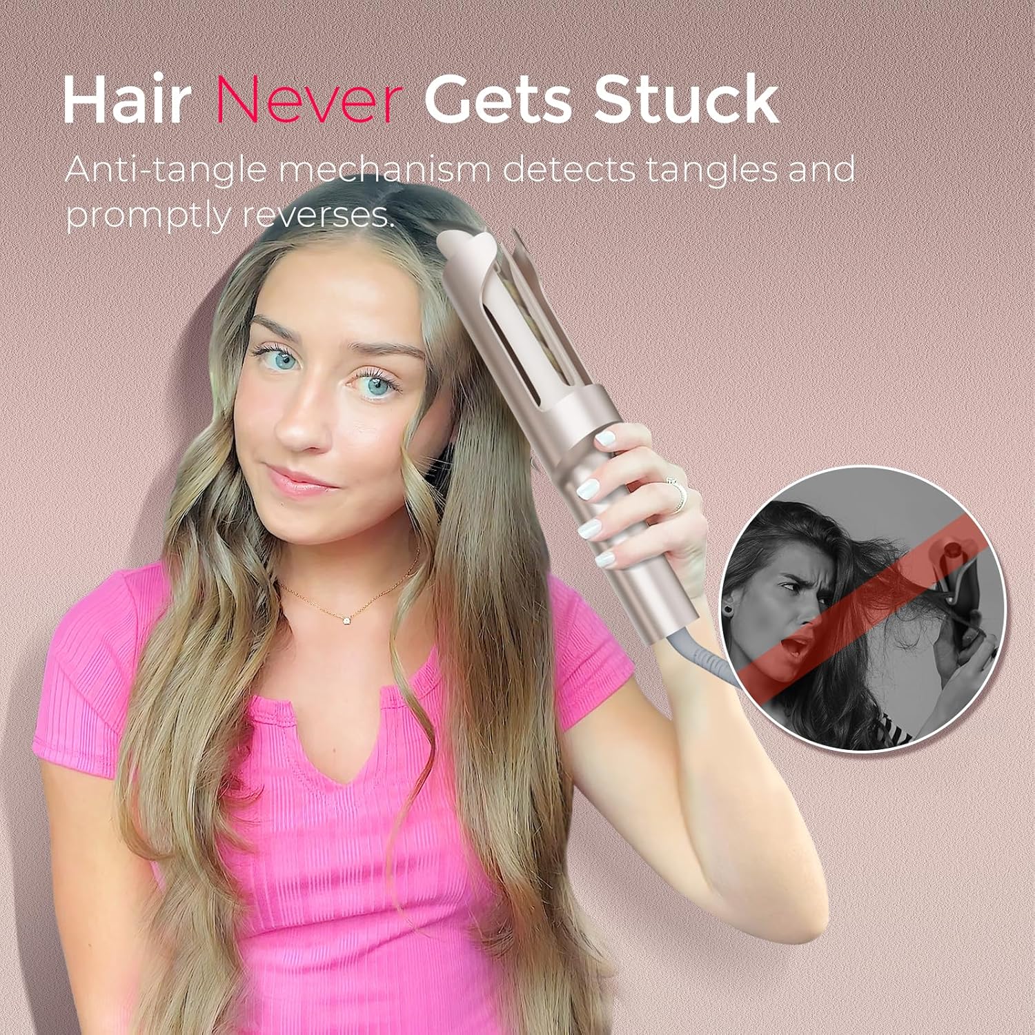 TYMO CurlPro Plus Automatic Rotating Curling Iron - Upgraded Long Barrel Curling Wand for Long Hair, Ceramic Hair Curler for Women, Anti-Scald, Tangle-Free, 600M Ionic, Dual Voltage, Gold, 1 Inch - Image 6