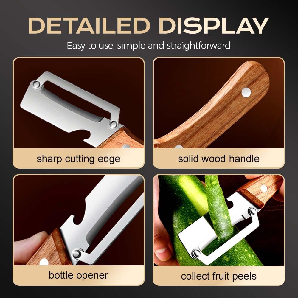 Multi-Functional Vegetable Peeler for Kitchen, Ultra-Sharp Stainless Steel Blade with Wooden Handle and Bottle Opener, For Vegetables or Fruits that Need to Be Peeled (2 Pcs) - Image 4