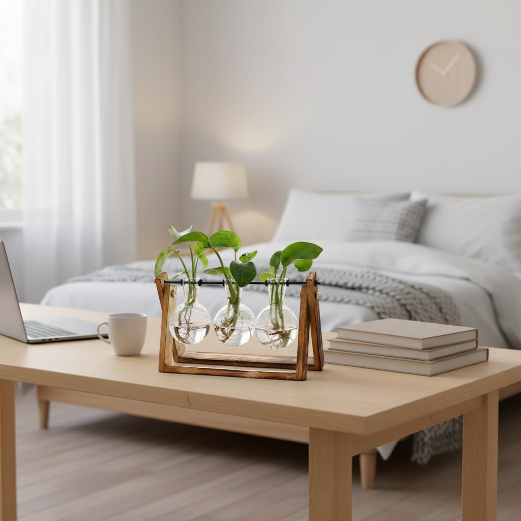 XXXFLOWER Plant Terrarium with Wooden Stand, Air Planter Bulb Glass Vase Metal Swivel Holder Retro Tabletop for Hydroponics Home Garden Office Decoration - 3 Bulb Vase - Image 5