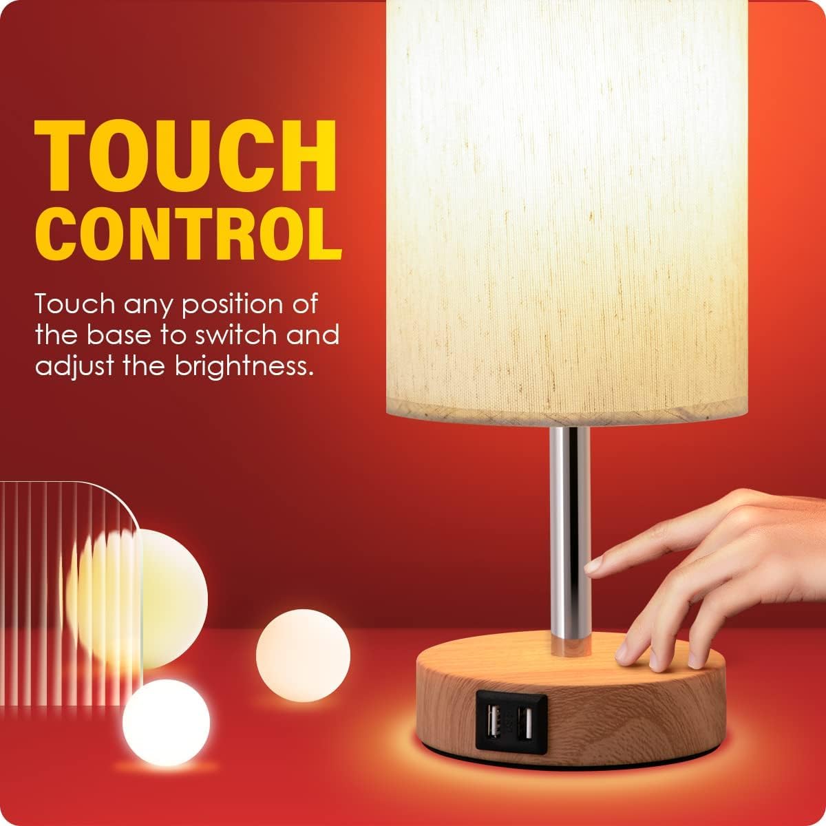 Yarra-Decor Bedside Table Lamp with USB Port - Touch Control for Bedroom 3 Way Dimmable Nightstand Lamp with Flaxen Fabric Shade for Living Room, Dorm, Home Office, Wood-Grain (LED Bulb Included) - Image 5