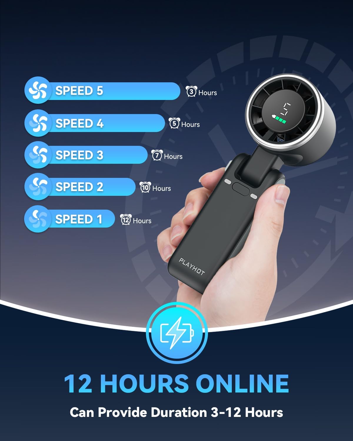 Portable Handheld Turbo Fan, 5 Gear Wind, Battery Operated, Up to 12 Working Hours, 3 IN 1 Hand Fans with Air Turbo Tech Cooling Fan for Outdoor Activities, Travel, Beach (Black) - Image 3