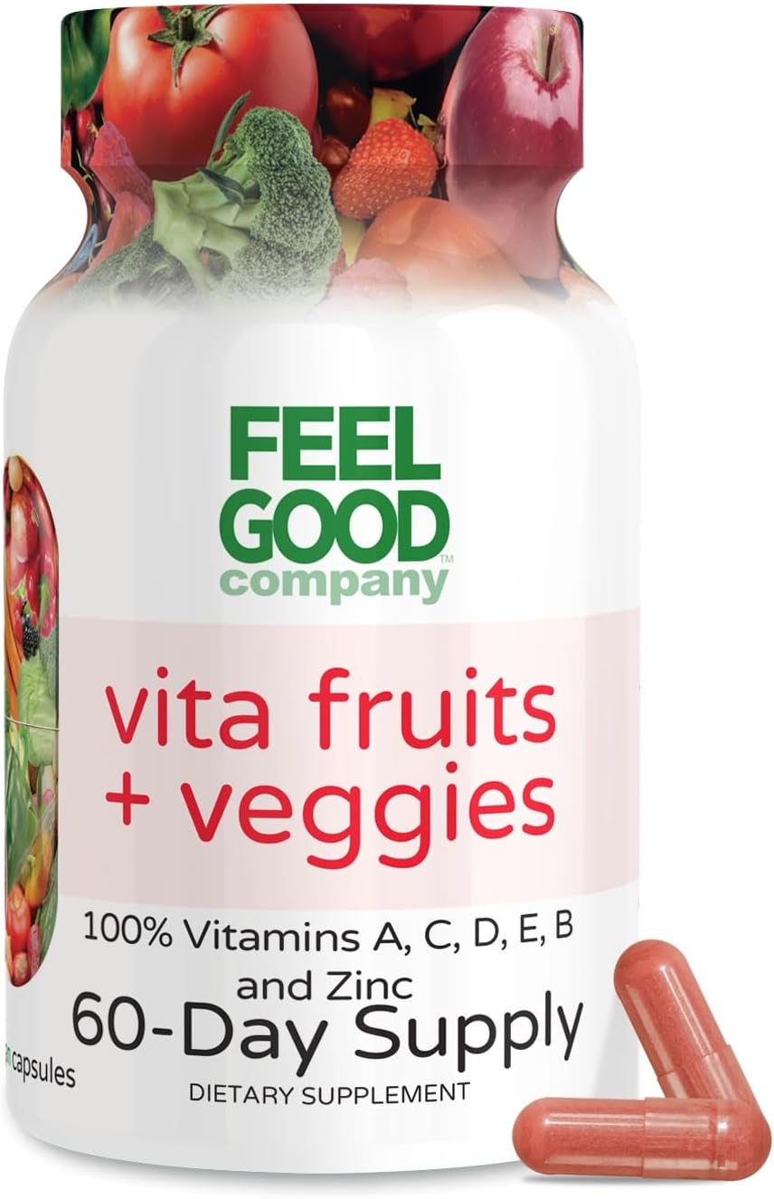 FeelGood Superfoods Vita Fruits and Veggies Capsules - 25 Superfood Ingredients, Fruit and Vegetable Multivitamin, 60 Count - for Men and Women - Vitamins A, C, D, E, B and Zinc
