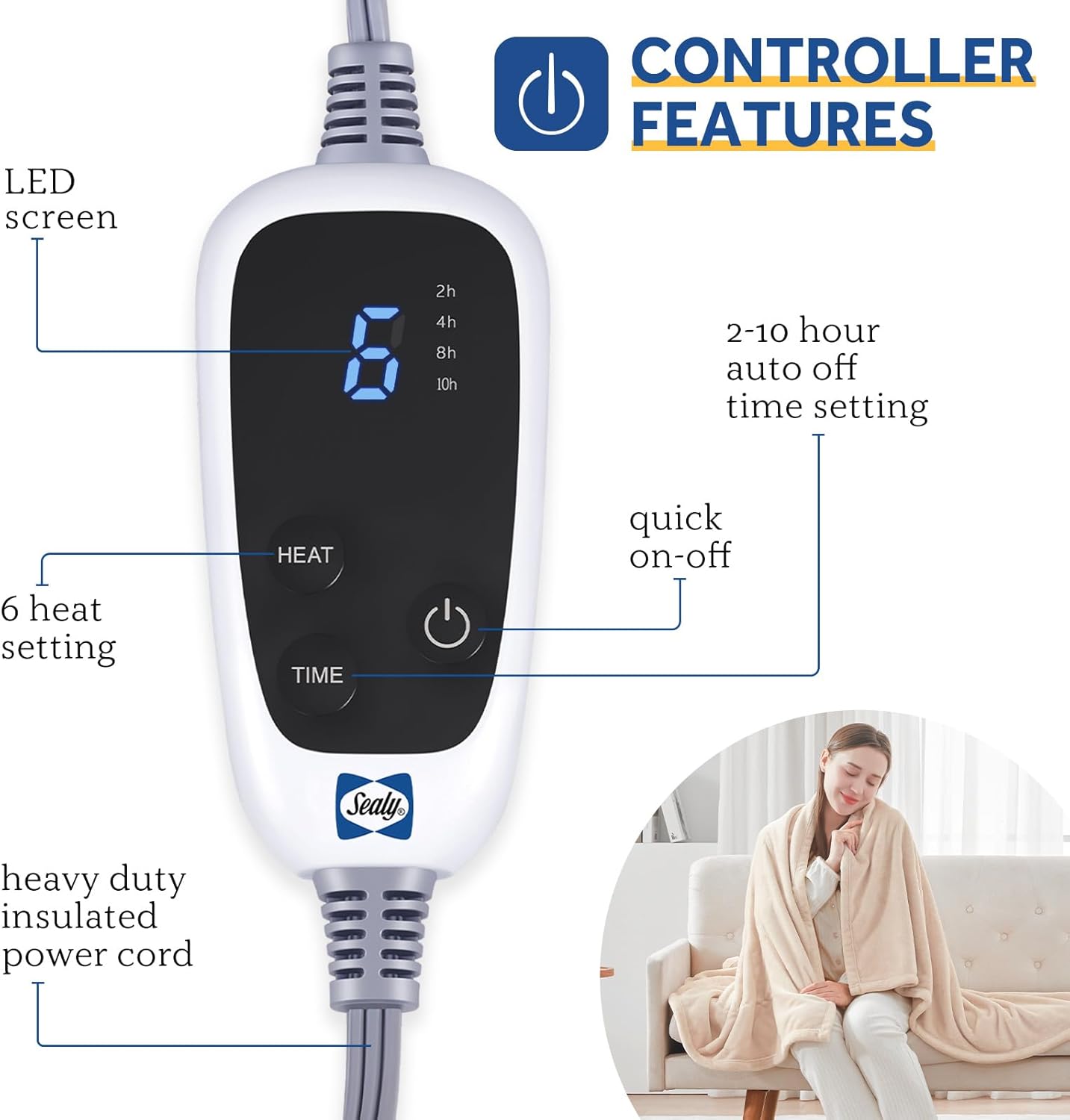 Sealy Electric Blanket Heated Throw, Soft Flannel Heated Blanket with 6 Heating Settings & 2-10 Hours Auto Shut Off, Fast Heating & Machine Washable, 50x60 Inch, Beige - Image 2