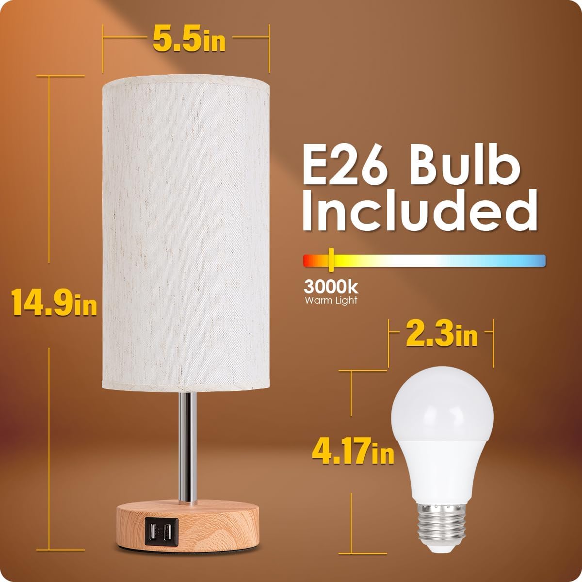 Yarra-Decor Bedside Table Lamp with USB Port - Touch Control for Bedroom 3 Way Dimmable Nightstand Lamp with Flaxen Fabric Shade for Living Room, Dorm, Home Office, Wood-Grain (LED Bulb Included) - Image 6