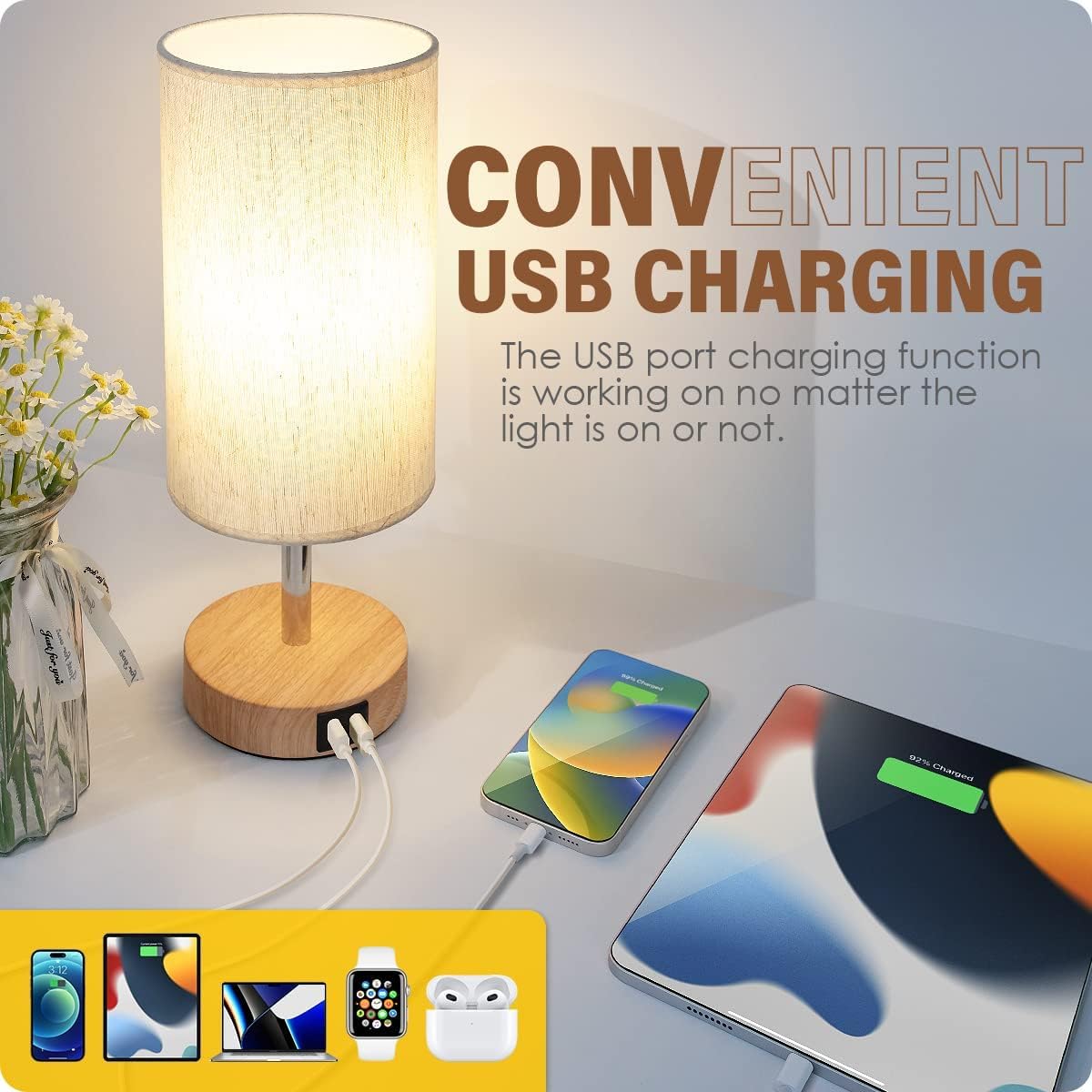 Yarra-Decor Bedside Table Lamp with USB Port - Touch Control for Bedroom 3 Way Dimmable Nightstand Lamp with Flaxen Fabric Shade for Living Room, Dorm, Home Office, Wood-Grain (LED Bulb Included) - Image 3