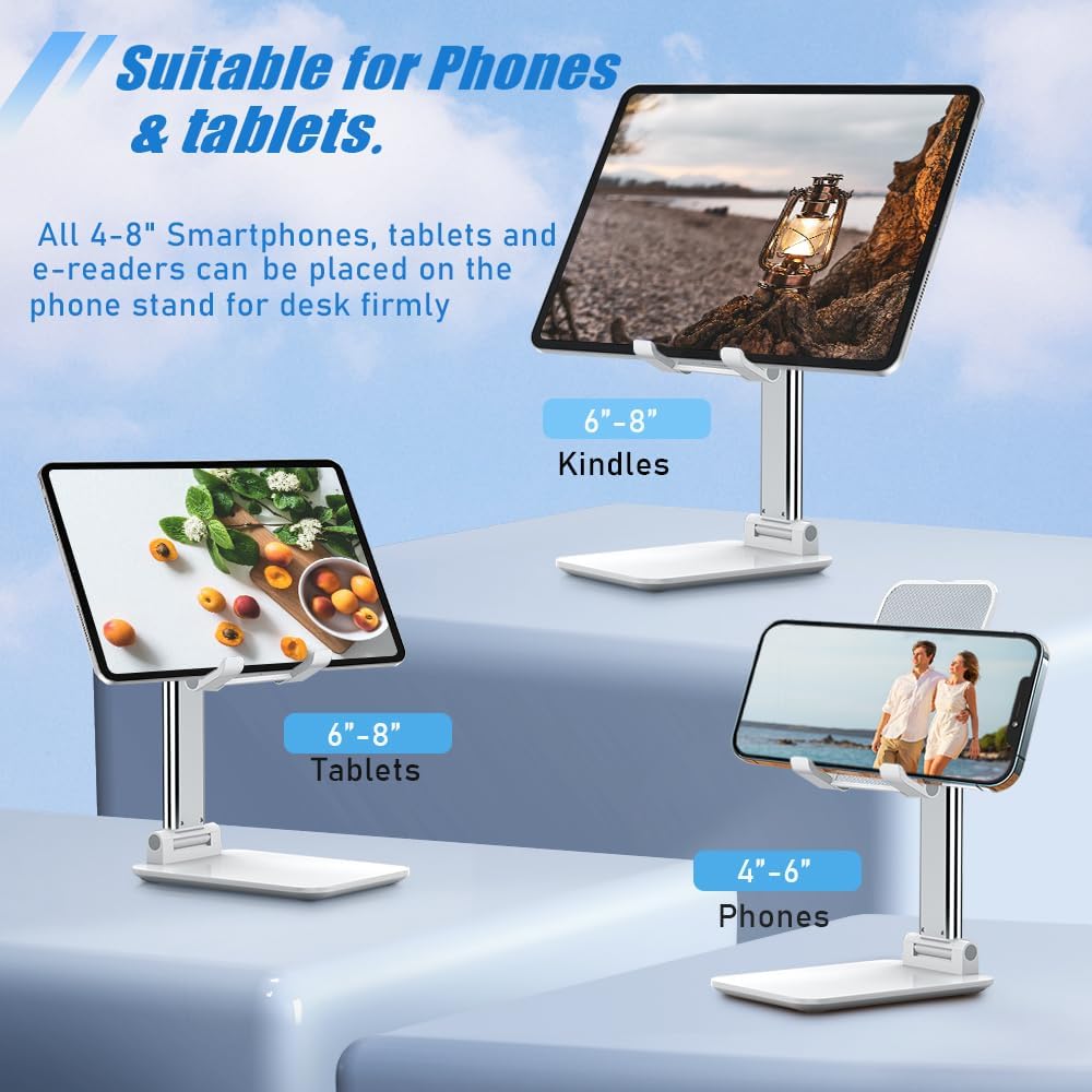 Cell Phone Stand, Angle Height Adjustable Cell Phone Holder with Silicon Pad for Desk Fully Forldable Mobile Phone Holder Compatible with All Mobile Phones, MT-6, (White) - Image 2