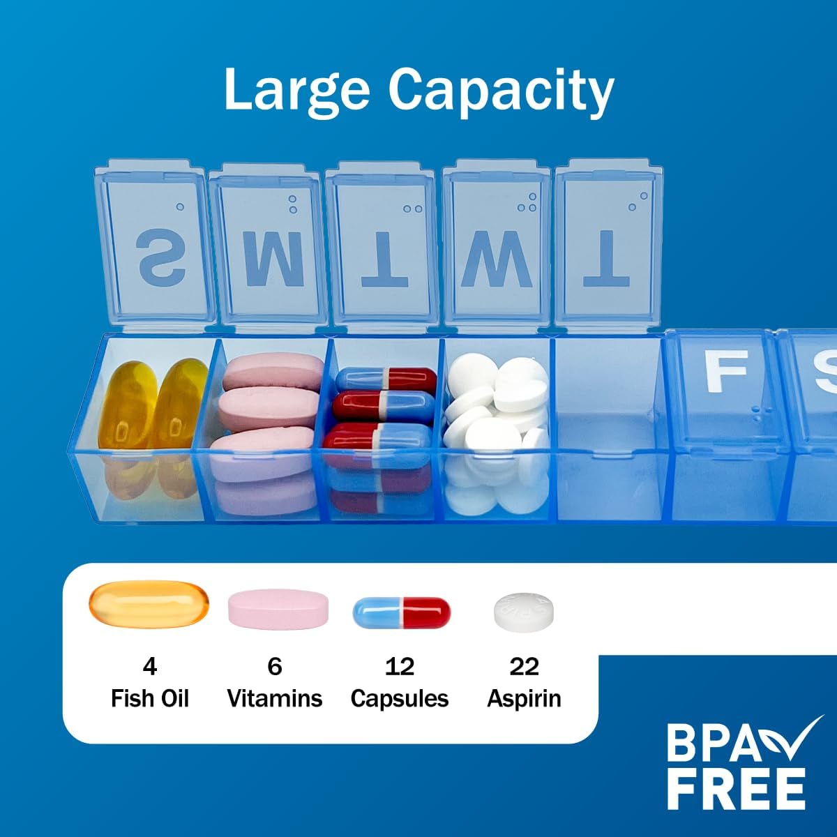 Amazon Basic Care 7-Day Weekly Pill Organizer, Portable Medicine and Vitamin Planner Box with Medium Compartments, Blue - Image 3