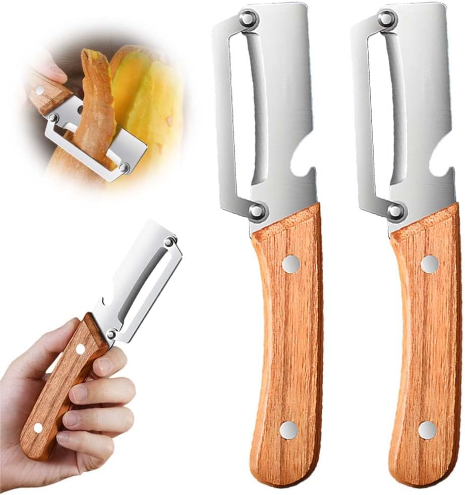 Multi-Functional Vegetable Peeler for Kitchen, Ultra-Sharp Stainless Steel Blade with Wooden Handle and Bottle Opener, For Vegetables or Fruits that Need to Be Peeled (2 Pcs)