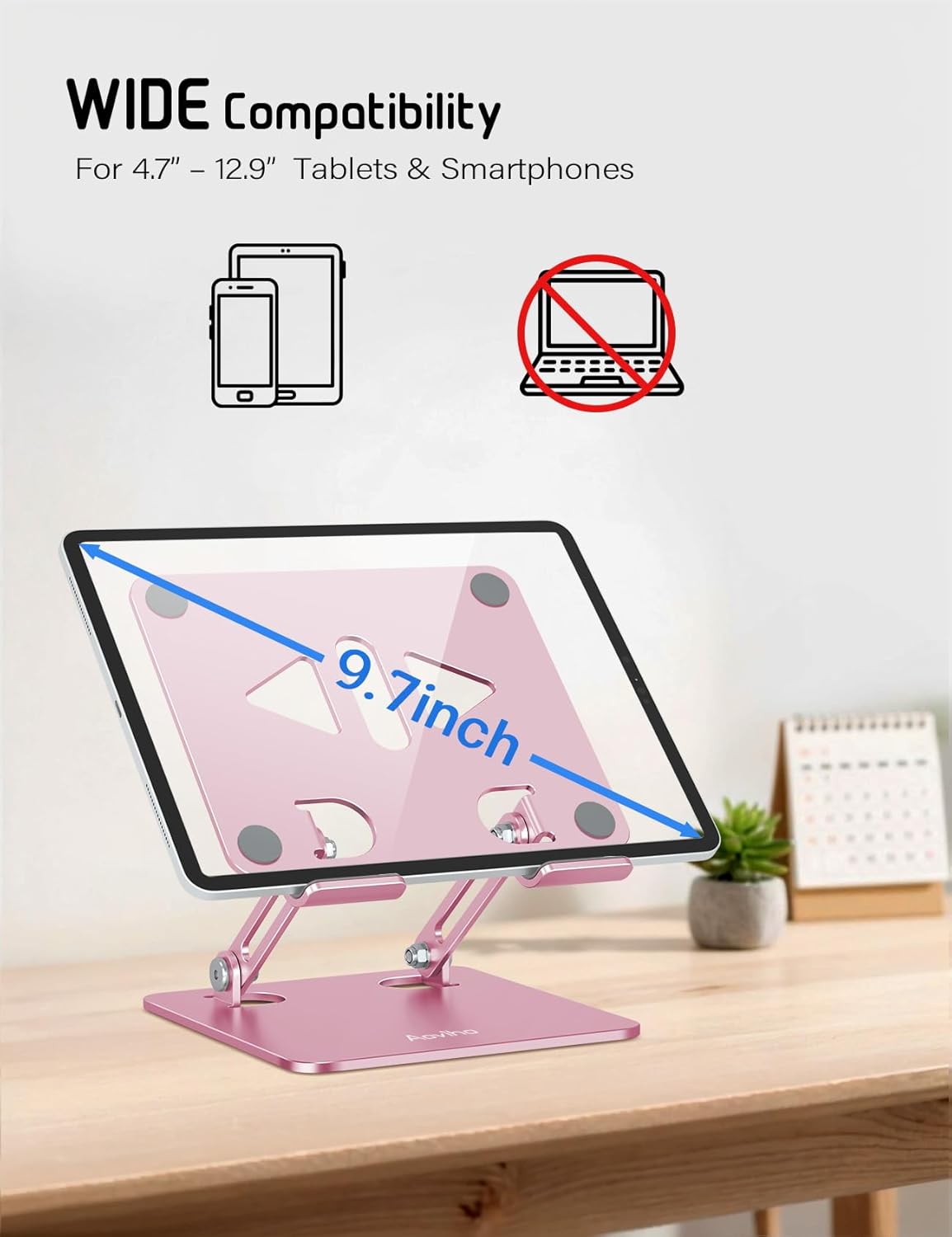 Tablet Stand Holder for Desk, Adjustable Desktop Tablet Holder, Foldable Aluminum Tablet Mount for iPad pro 12.9, iPad Air Mini, Samsung Galaxy Tabs Z Fold Kindle Fire,4-12 inch, Rose Gold - Image 3