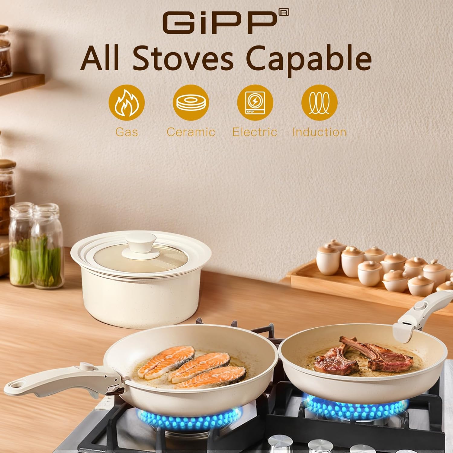 GiPP Ceramic Pots and Pans Set Non Stick, Nonstick Detachable Handle Cookware Sets, Healthy Non Toxic PFAS PFOA & PTFE Free, Dishwasher &Oven Safe, Induction Kitchen Pot and Pan, 21 Piece Cream - Image 4