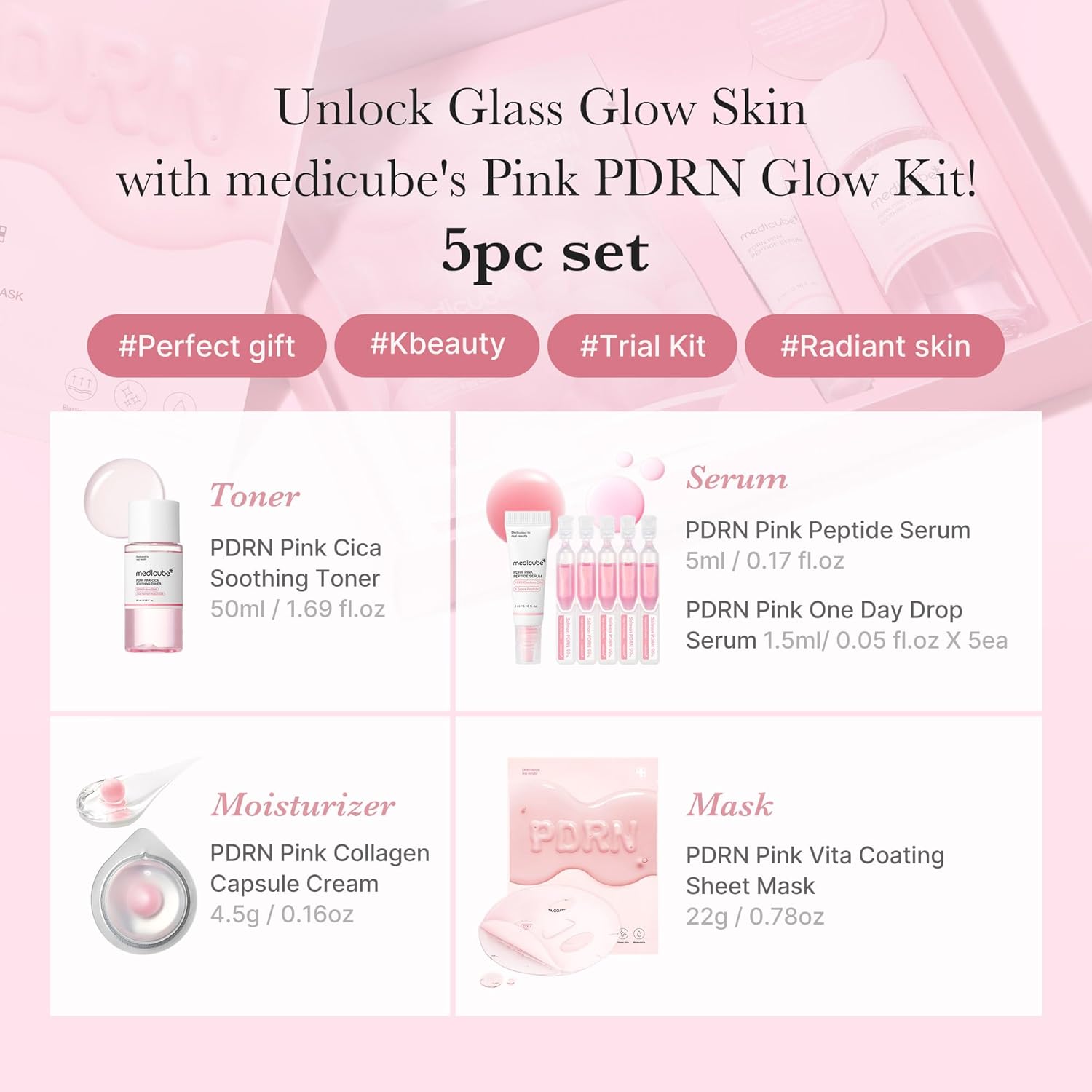 medicube Salmon DNA PDRN Trial Kit | Glass Glow Mini Skincare Set with Toner, Serum & Sheet Mask for Hydrating, Firming, Moisturizing |Gift & Travel Essentials for Women & Girls | Korean Skincare - Image 2